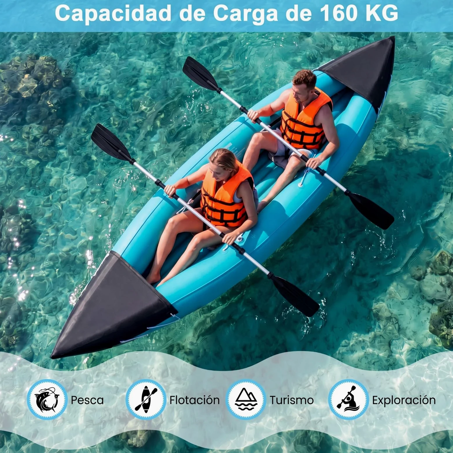 COSTWAY Kayak Hinchable 2 Plazas, Barca Hinchable para 2 Personas con Asientos, Remos de Aluminio, Bomba de Pie, 321 x 92 x 45 cm, Canoa Hinchable para Adultos Pesca, Capacidad 160 kg
