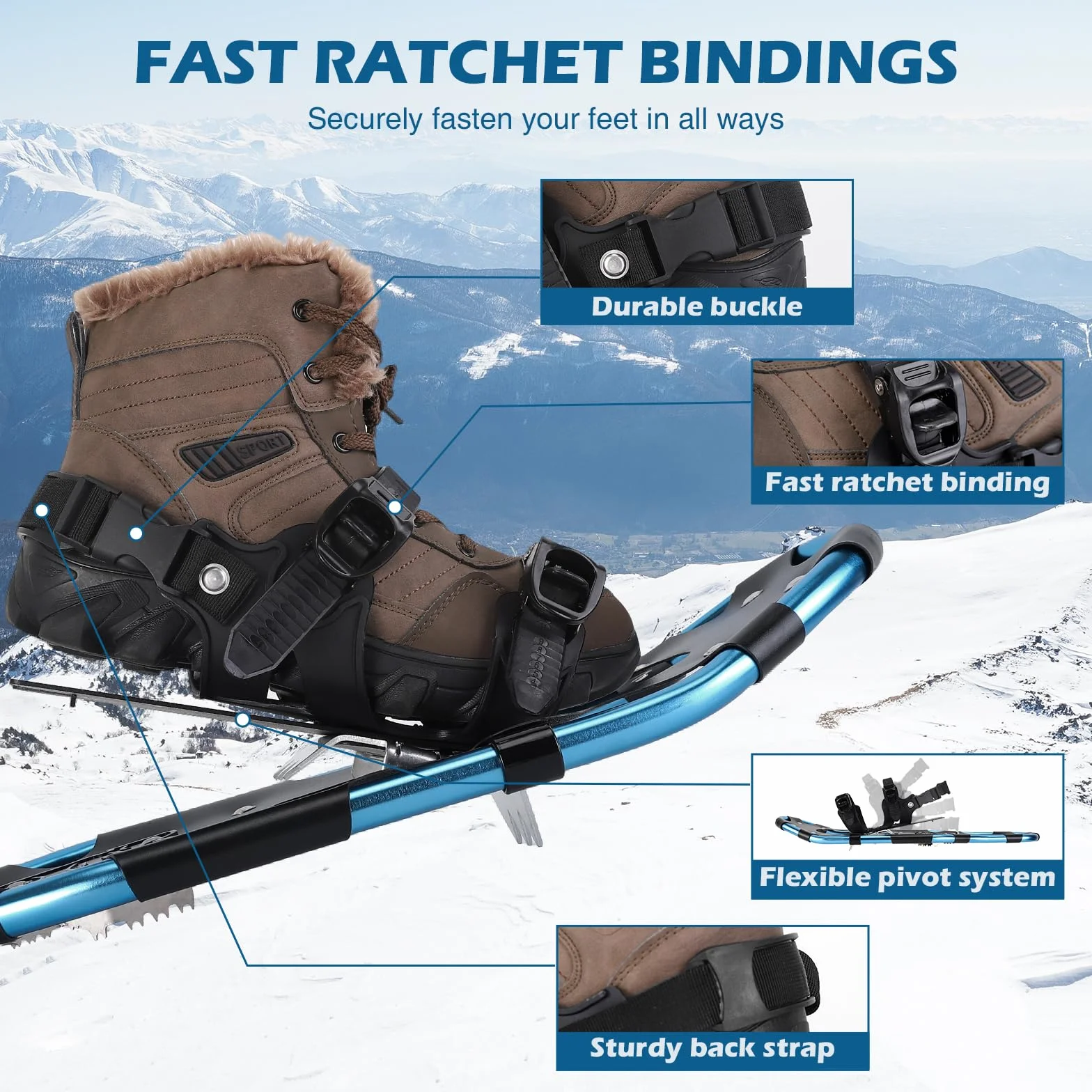 Kit de Raquetas de Nieve 4 en 1, Aluminio Ligeras, Bastones Ajustables, Polainas Impermeables, Bolsa Transporte (Azul, 53cm)