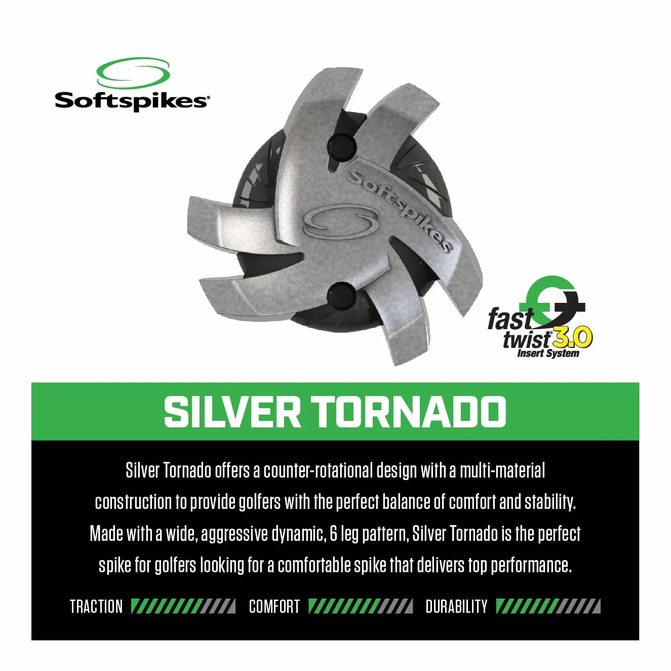 SOFTSPIKES Silver Tornado Fast Twist 3.0 Golf Spikes, 18 Count