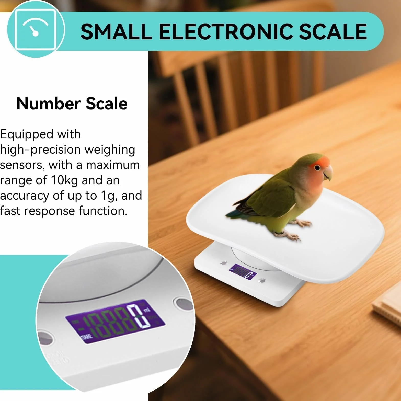 Agatige Báscula de Peso para Mascotas Pequeñas 10kg/1g, Digital LCD Electrónica con Bandeja Extraíble