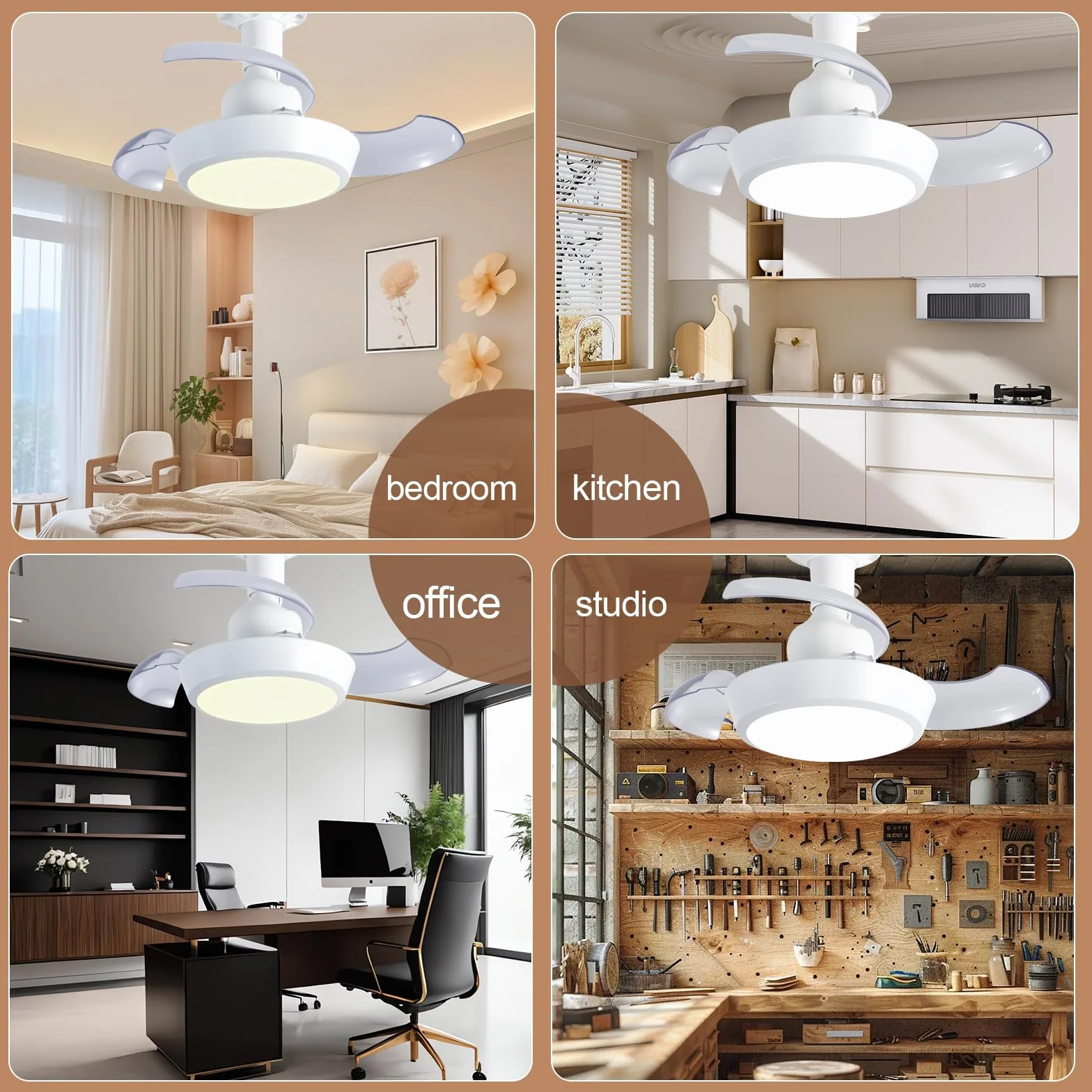 IERAKOR Ventilador de Techo con Luz E27 42CM Lámpara LED Silencioso 33W Regulable 3 Velocidades Aspas Ocultas