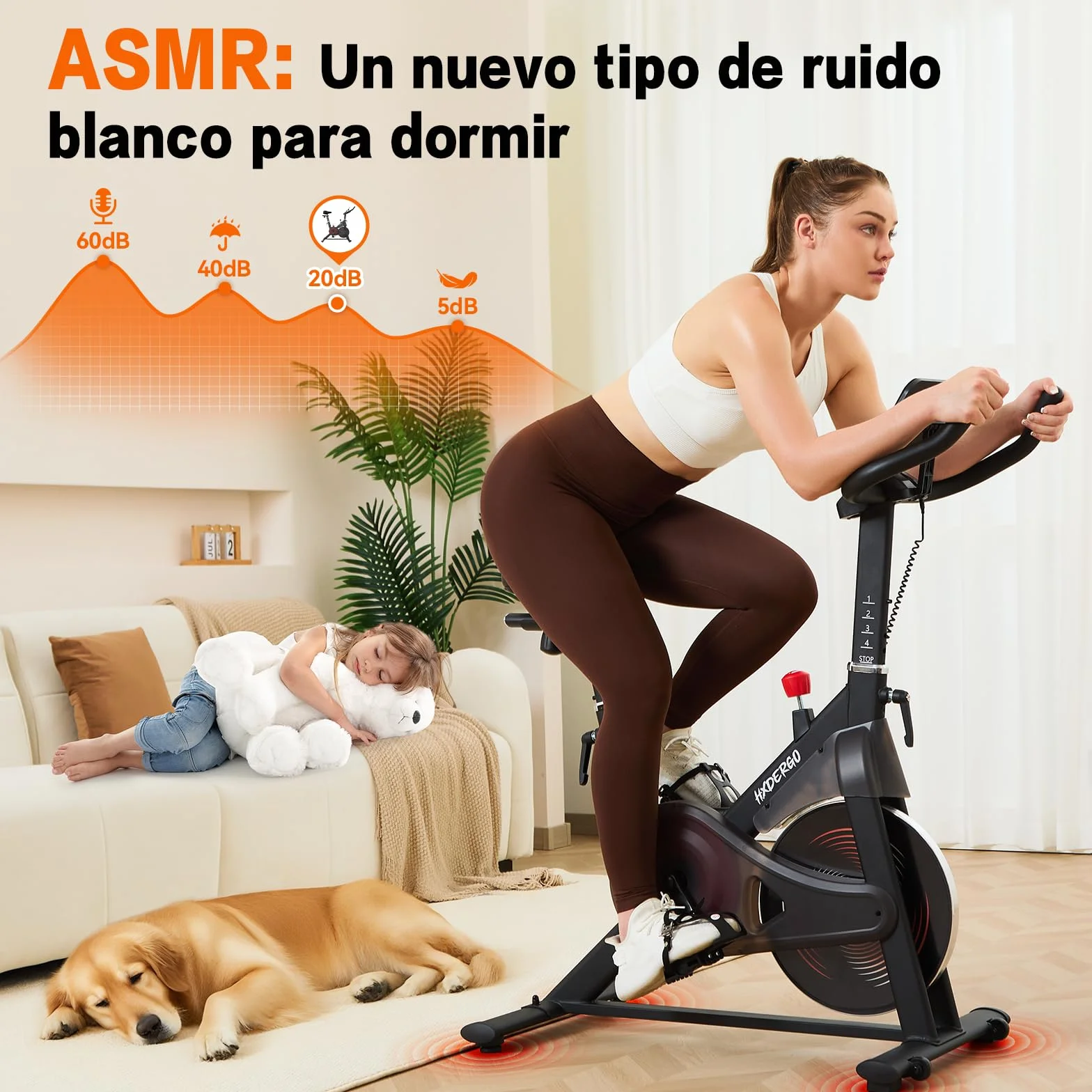 HXD-ERGO Bicicleta Estática en Casa con Resistencia Ajustable, Bicicleta Estatica Silenciosa con Monitor LCD, Cómodo Cojín de Asiento, App Propia, Capacidad de 160 kg, Entrenamiento Aeróbico