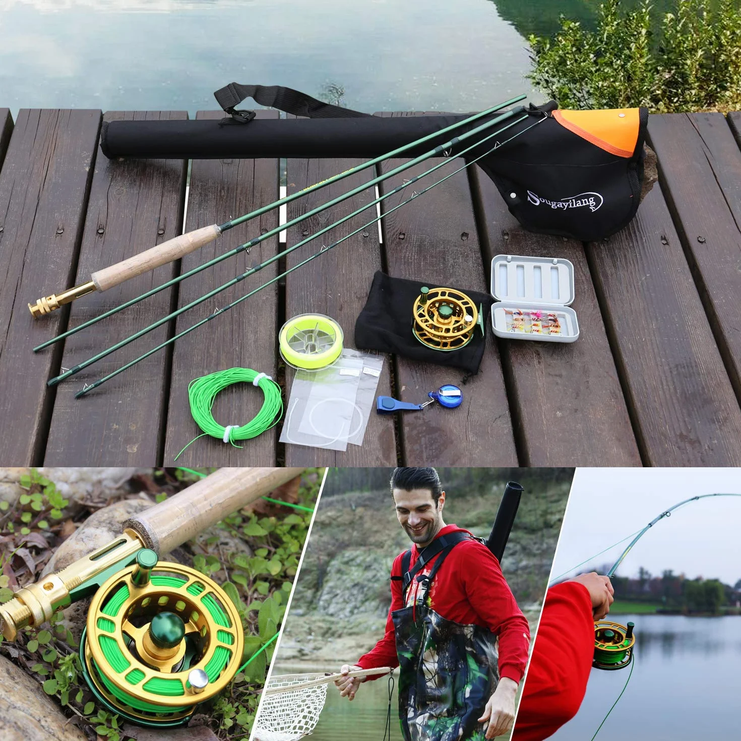 Sougayilang Combos de Carrete de caña de Pescar con Mosca con caña de Pescar Ligera y portátil y Carrete de Mosca, Paquete Completo de Inicio de Pesca con Mosca