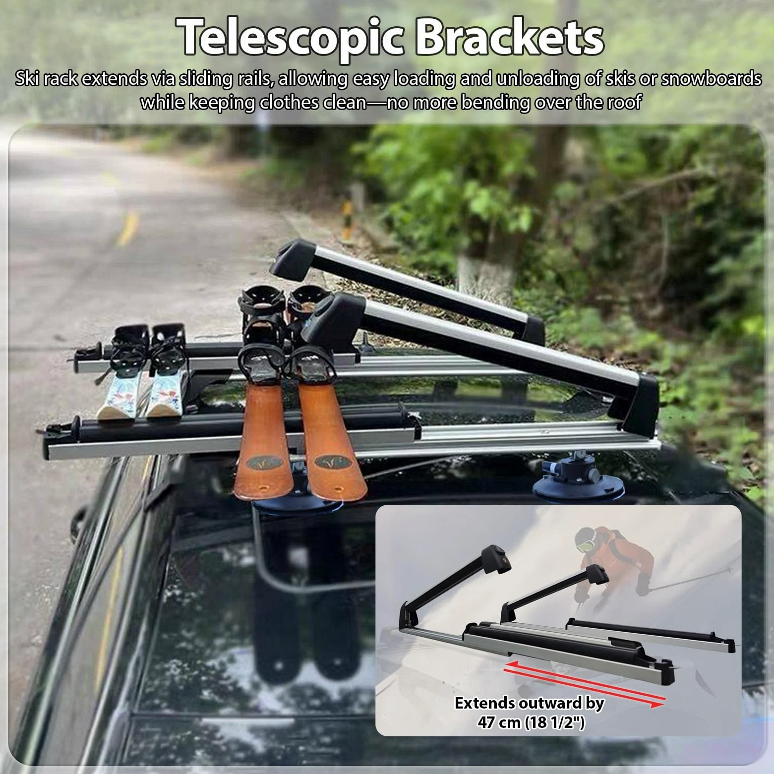 Portaesquis Portaesquís Telescópico sin Barras (2 Unidades) Almacenamiento Universal para Tablas de Snowboard, Surf y Esquís en El Techo, Porta Skis para Coche(Black)