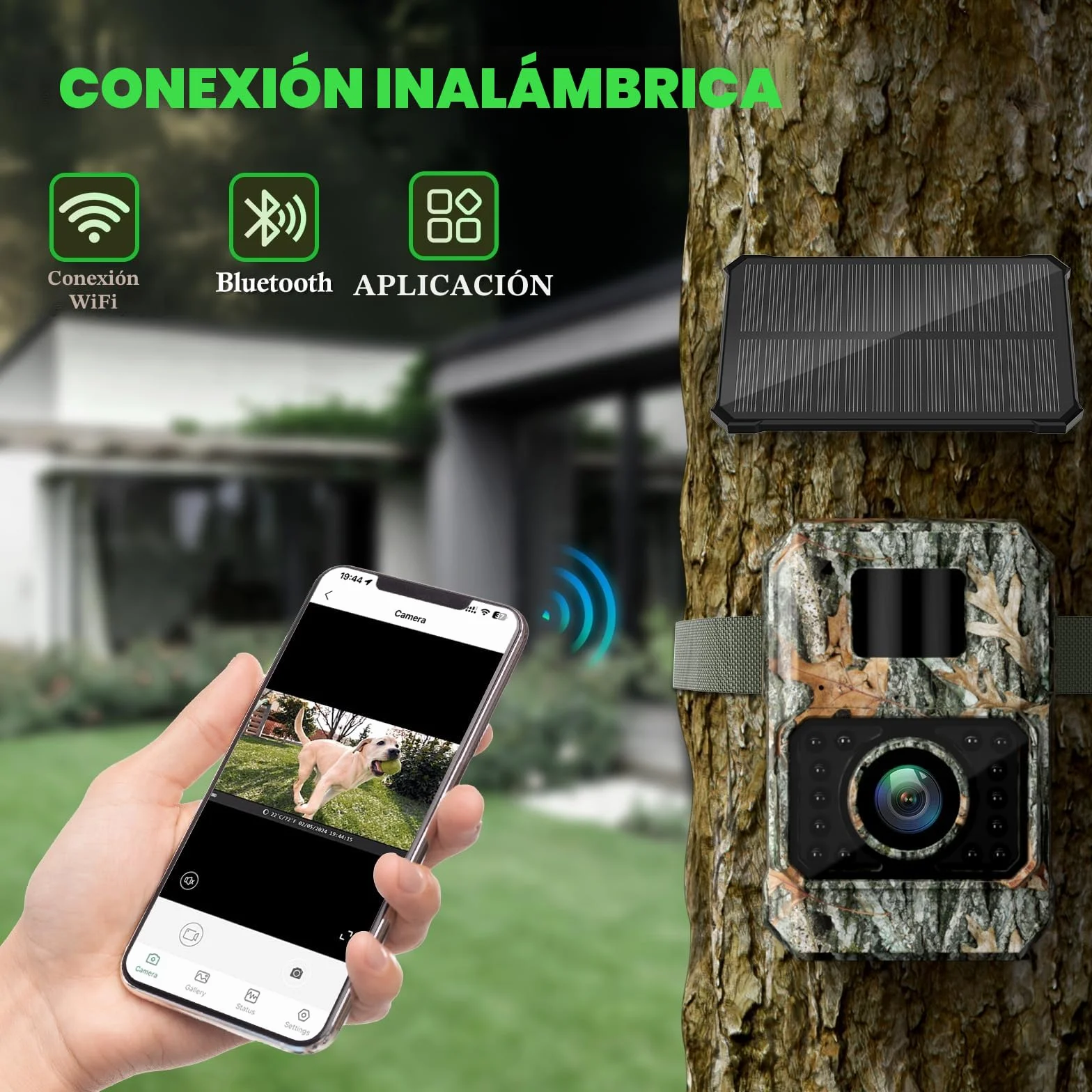 Coolifepro Cámara de Caza Solar, 60MP WiFi Bluetooth Camara Fototrampeo, Batería Interna 2000mAh, No Necesita Batería Extra, Camara Caza para Monitoreo de Vida Silvestre con Tarjeta Micro SD 32GB