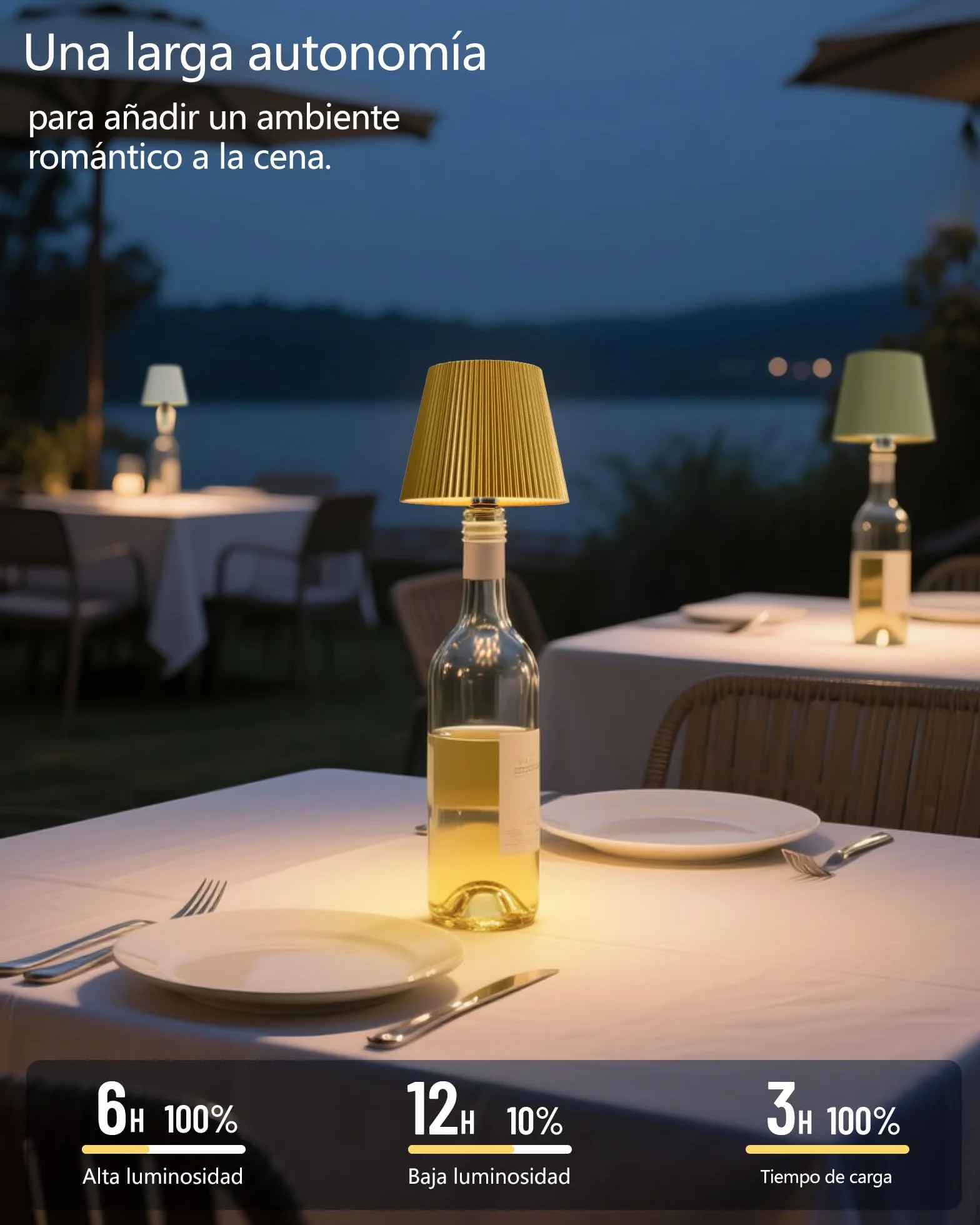 Lámpara Botella LED Blanca Recargable USB-C IP54 3 Tonos Regulables sin Cable