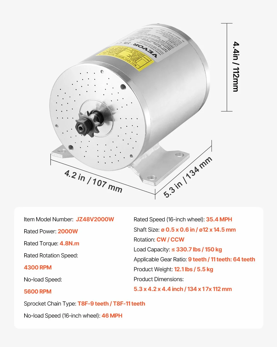 VEVOR Kit de Motor Eléctrico sin Escobillas de CC 2000 W 48 V 4300 RPM con Controlador de Velocidad