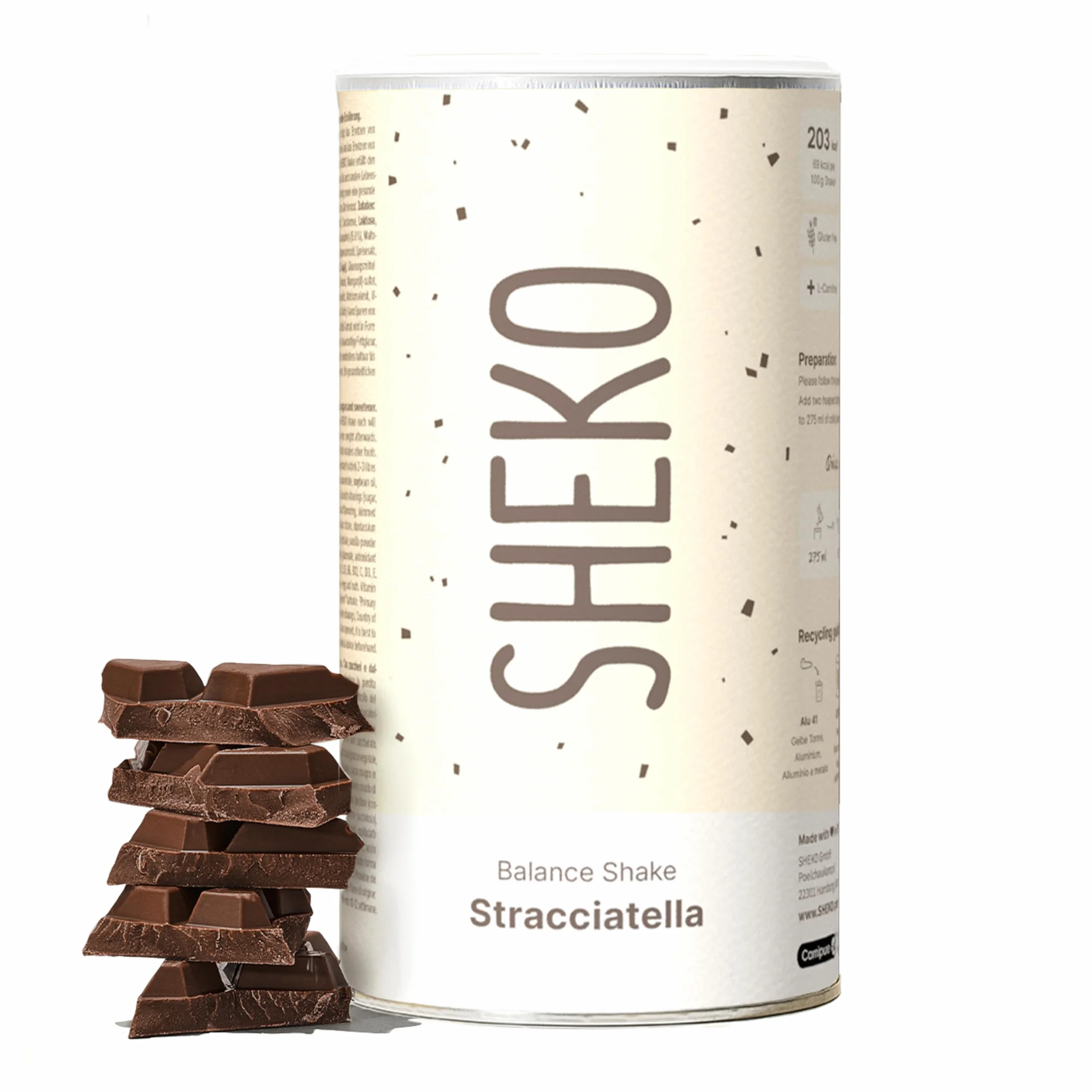 SHEKO Batido Sustitutivo Stracciatella 21 Raciones 378 g Rico en Proteína Bajo en Carbohidratos