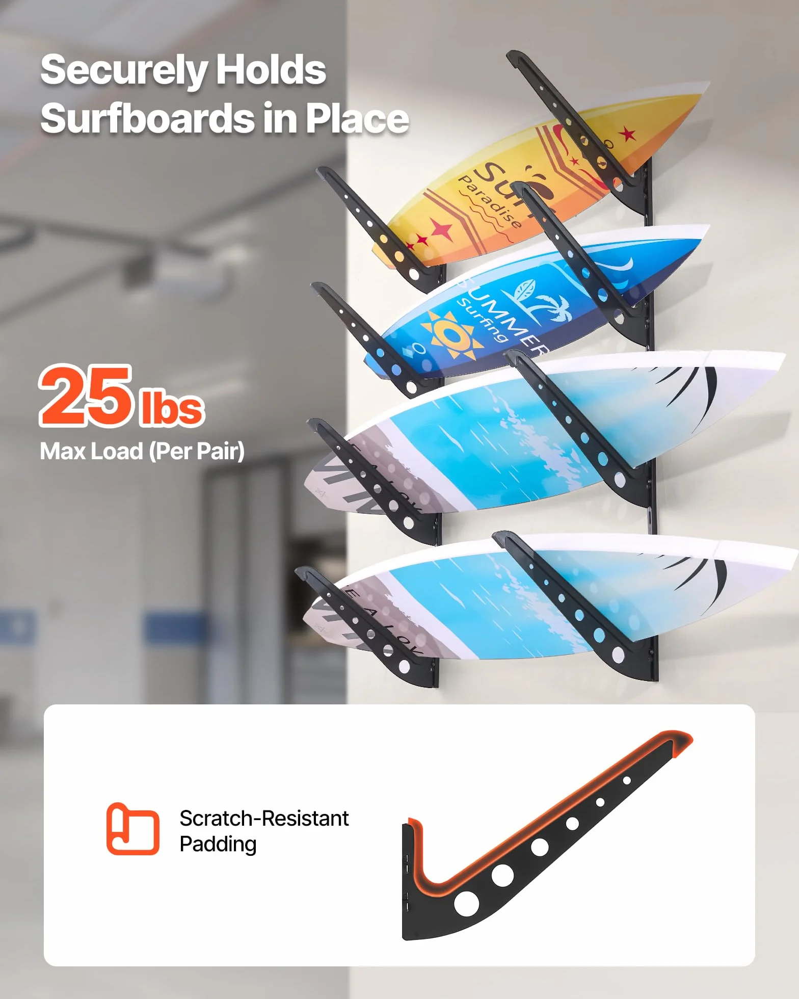 VEVOR Soporte de Pared para Tablas de Surf, Soporte Horizontal para Tablas de Surf de 4 Niveles para Almacenamiento y Exhibición, Organizador Ajustable para Kiteboards, Esquís y Snowboards, Negro