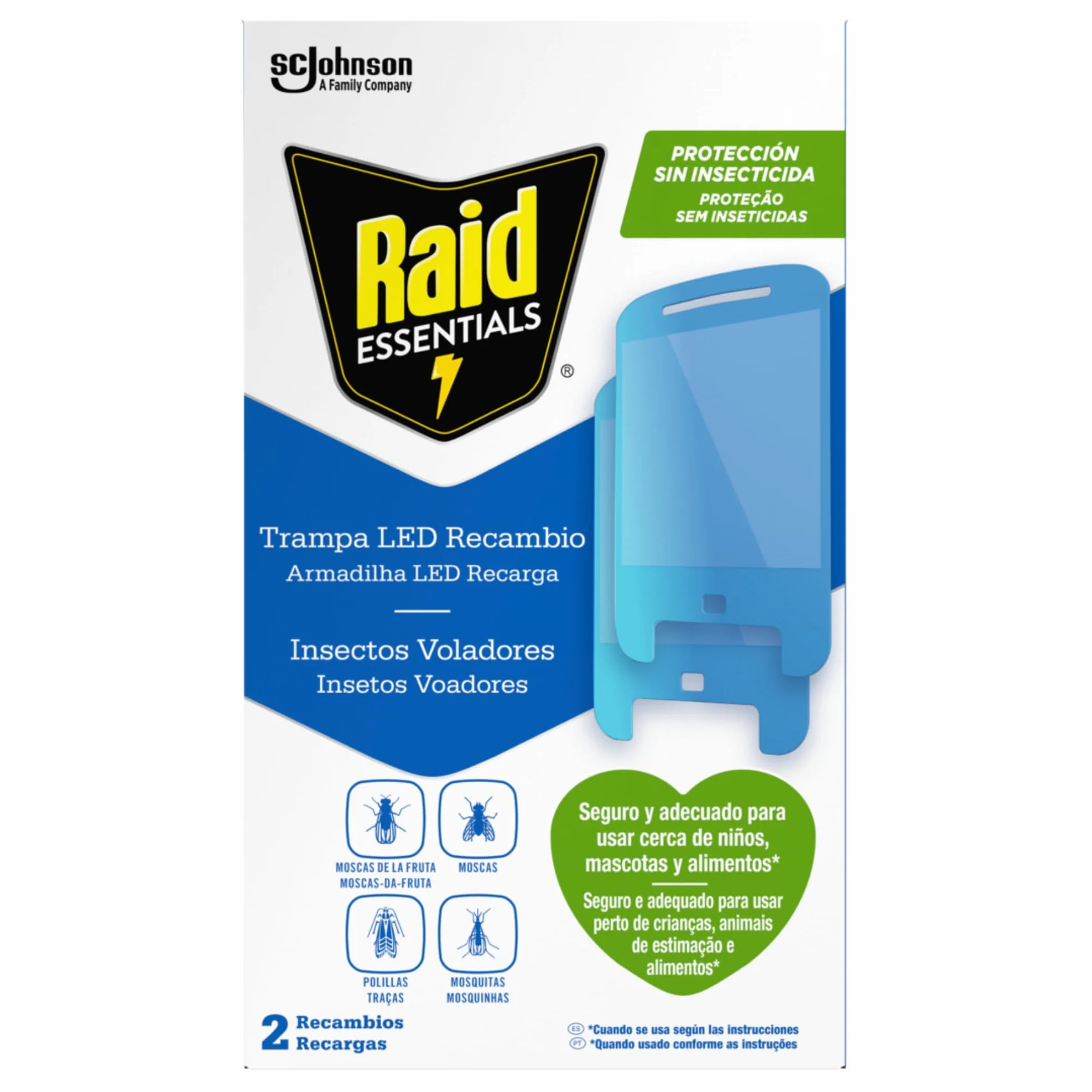 Raid Essentials 2 x Recambio para Trampa LED Antimoscas, Antimoscas de Fruta y Antipolillas, Sin Insecticida, Protección 24/7, para Uso Interior, Paquete de 2