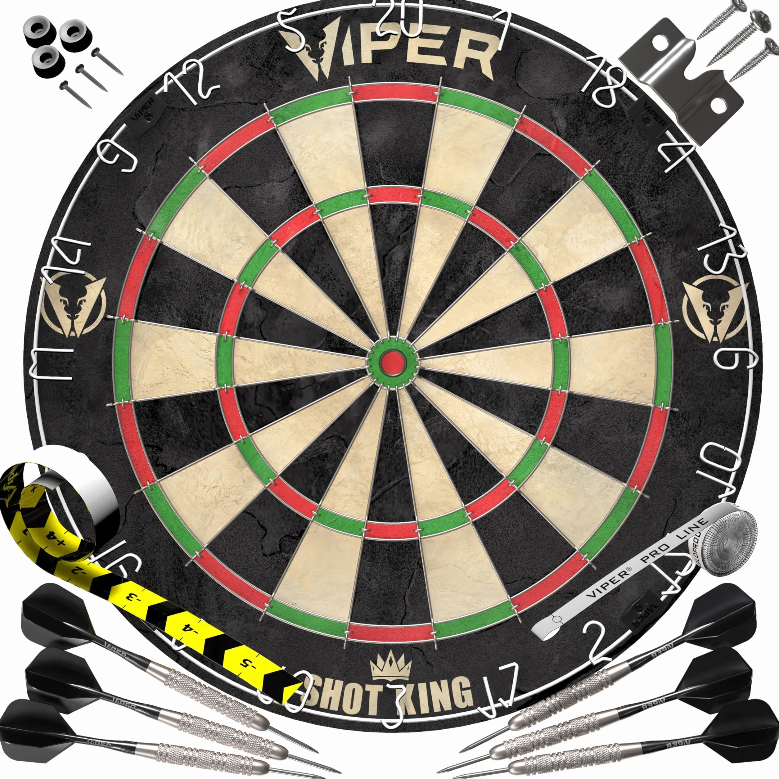 Shot King Regulation Bristle Steel Tip Dartboard Set 17.75 Inch Staple-Free Bullseye Galvanized Metal Spider Wire 6 Darts