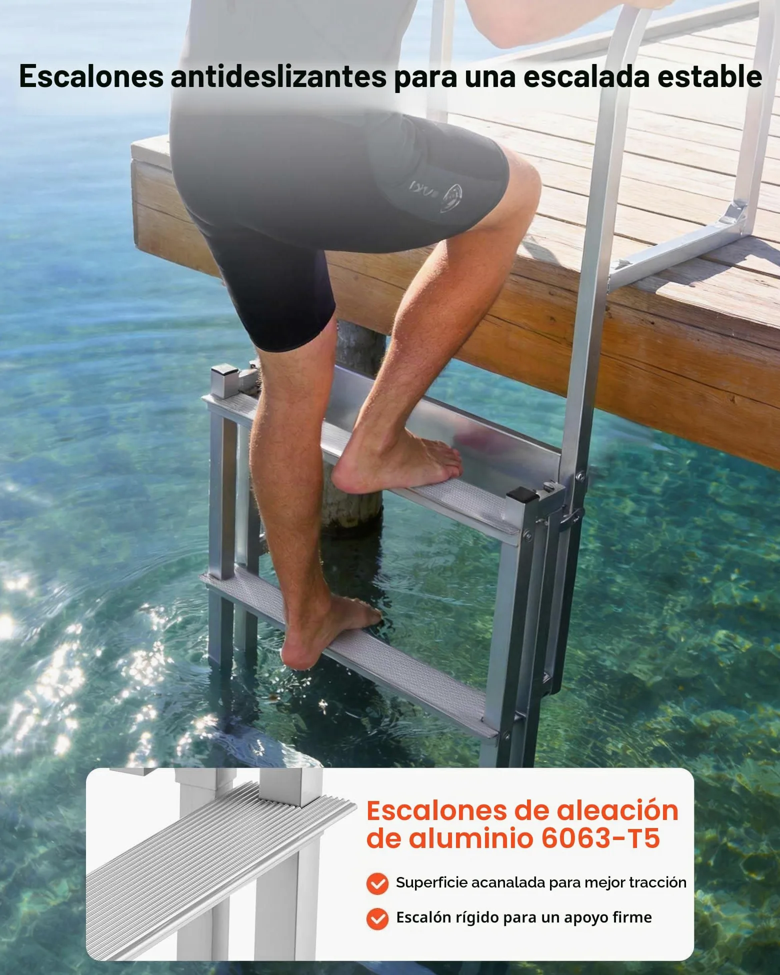 VEVOR Escalera de Muelle Capacidad de 227 kg con 4 Peldaños Antideslizantes, Pasamanos, Escalera Retráctil de Aluminio con Elevación Automática para Pontón Lago Barco Piscina Plataforma de Natación