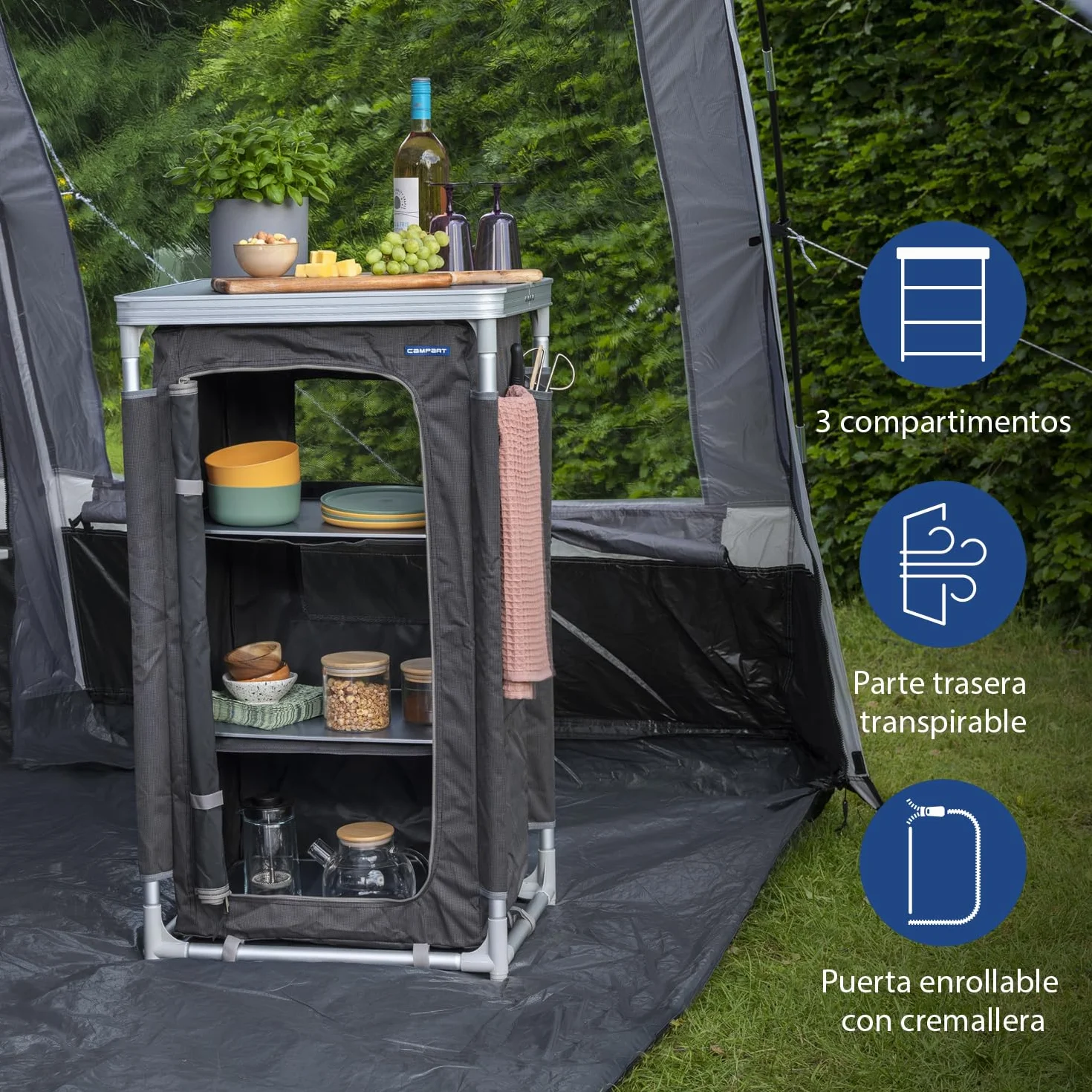 CAMPART Travel CU-0719 Armario de Camping Nice, Tres Compartimentos, Estructura de Aluminio, 97 cm de Altura, Unisex, Gris
