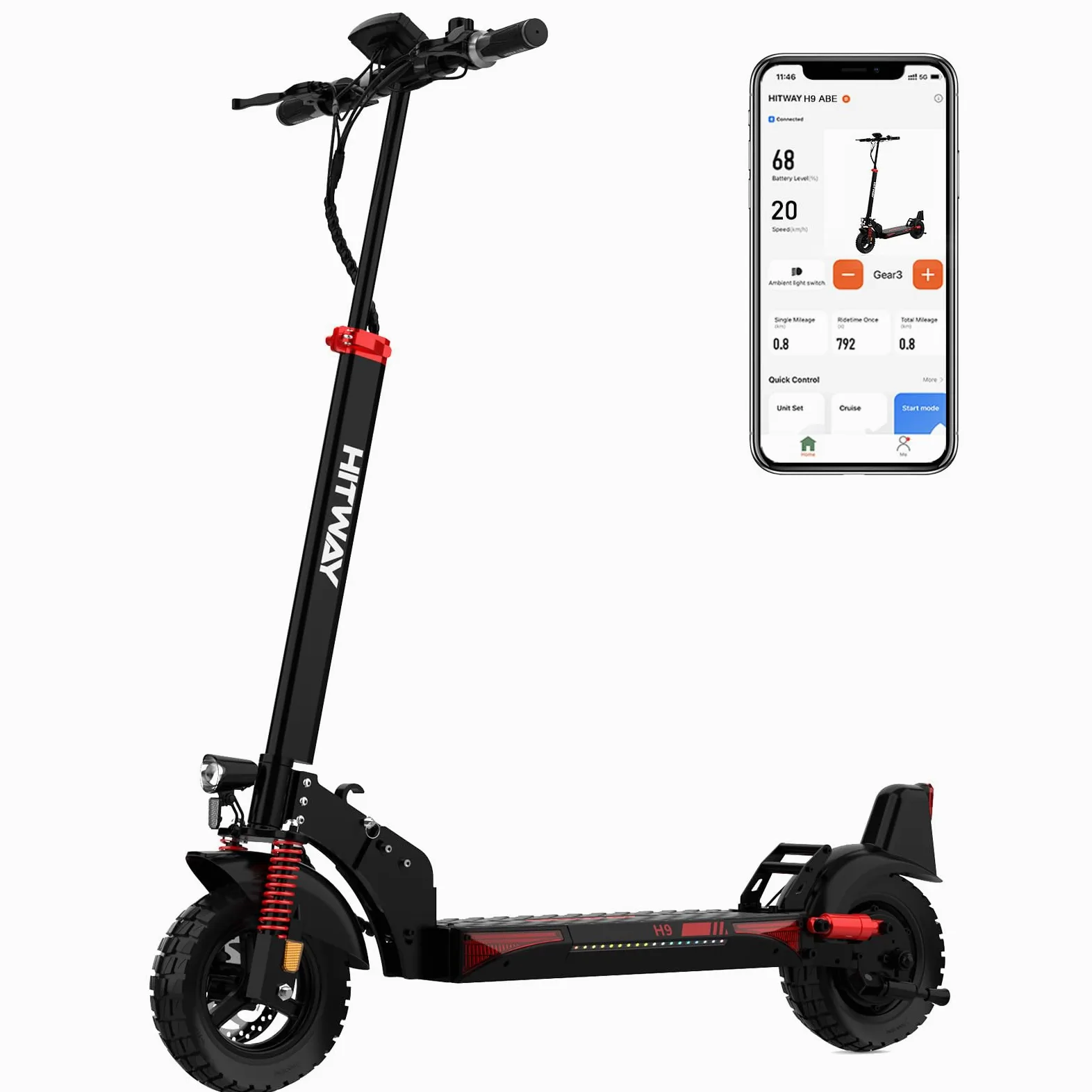 HITWAY Patinete Eléctrico Adultos Potente 1200W, Autonomía 90-110 km, Batería 15.6-27Ah, Ruedas 10” Tubeless, Scooter Eléctrico Plegable con App, Intermitentes,25 km/h