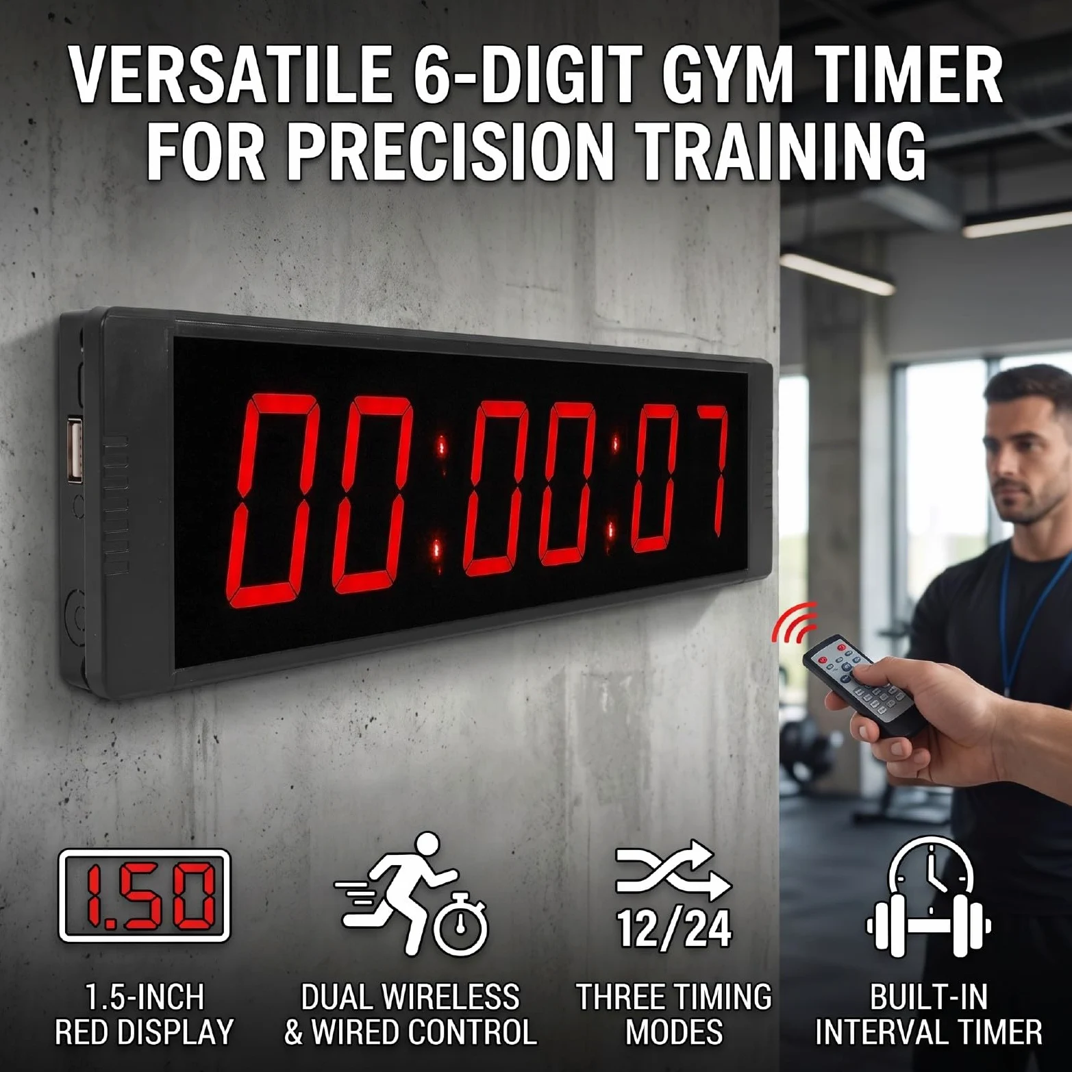 Generic Cronómetro Grande con Cuenta Regresiva y Control Remoto para Gimnasios, Estudios, Temporizador Digital LED Rojo de 1,5 Pulgadas