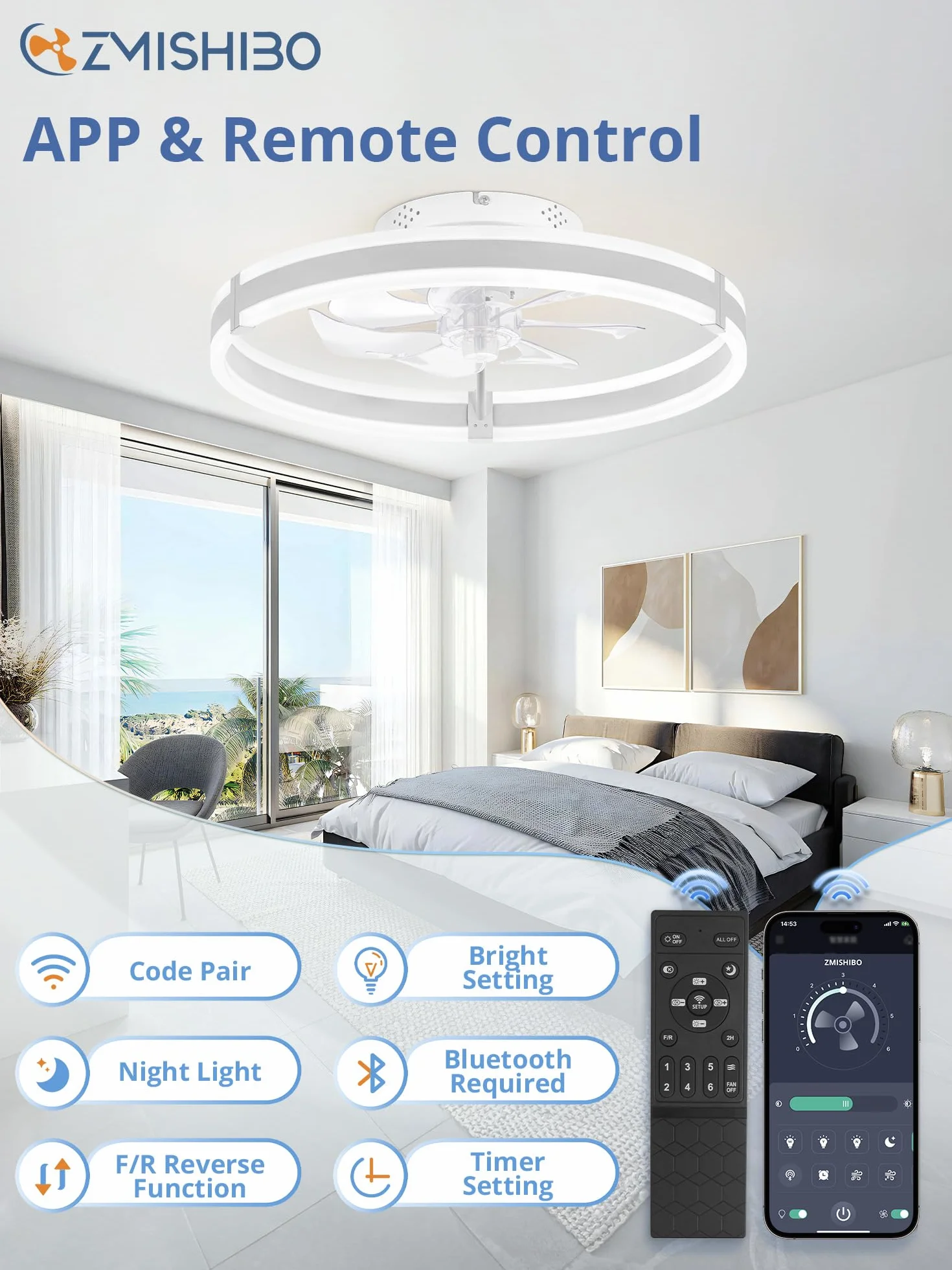 ZMISHIBO Ventilador de Techo con Luz LED Dimmable 50 cm Mando a Distancia 6 Velocidades Silencioso Blanco
