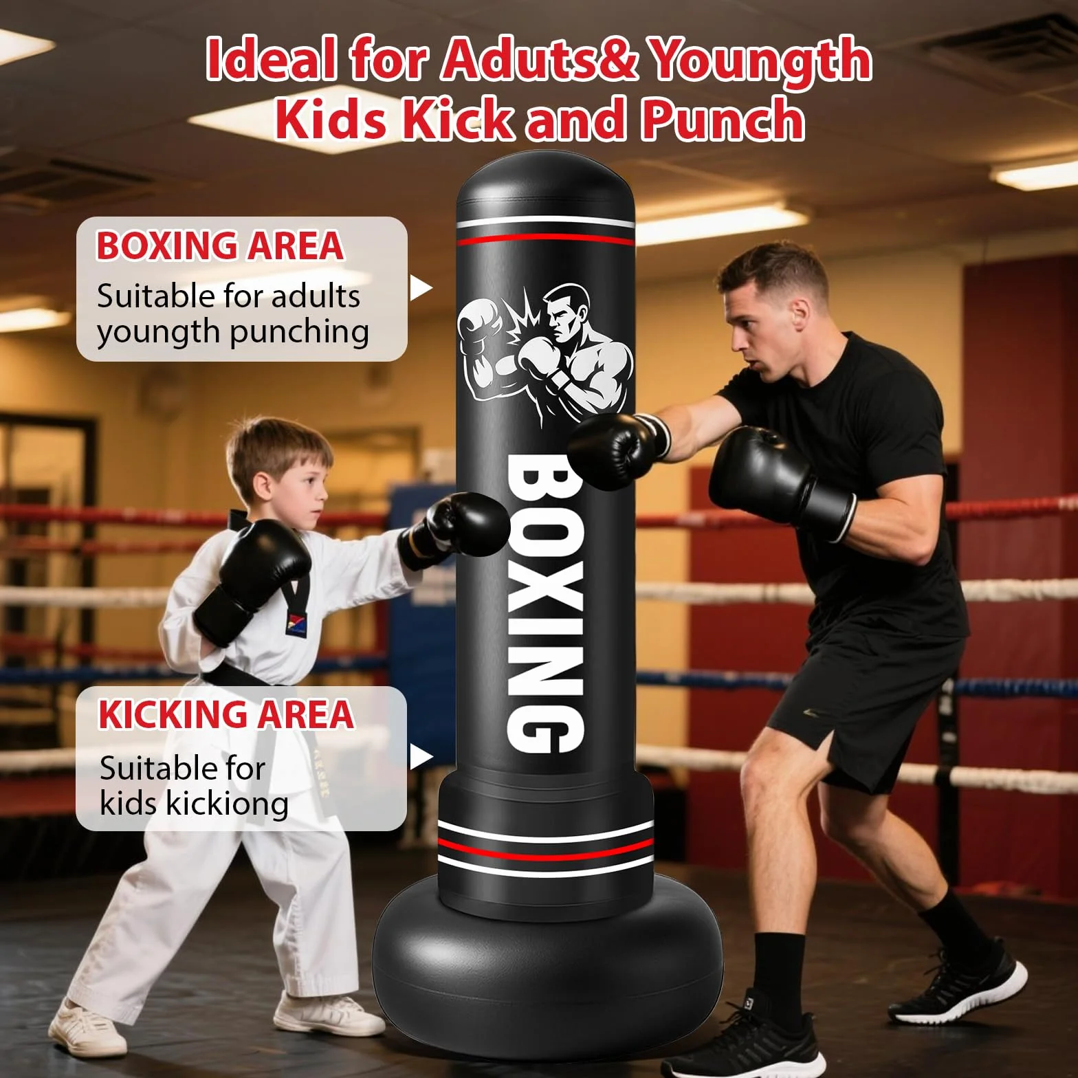 Saco de Boxeo Adultos, 190cm Sacos de Boxeo de Pie on Guantes y Bomba de Aire, Punching Ball Inflable Entrenamiento para Karate, Kickboxing, PVC Fitness Boxeo Regalo Ideal