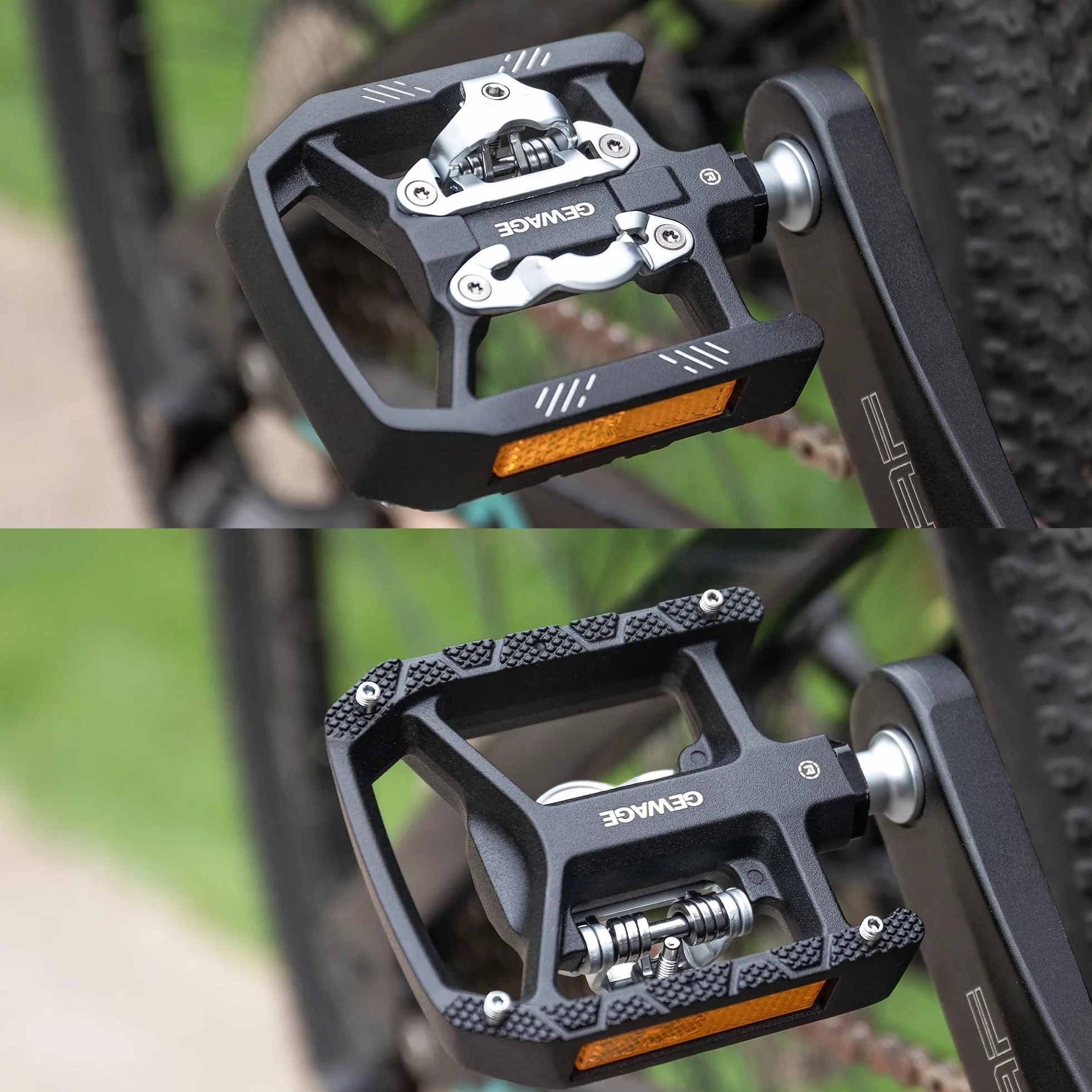 GEWAGE Pedales Bicicleta 2 en 1 SPD/Plataforma – Cuerpo de Aluminio CNC, Tensión Ajustable, Eje Chromoly, Pines Antideslizantes, Incluye 2 Calas SH51, para MTB, Trekking y Bikepacking