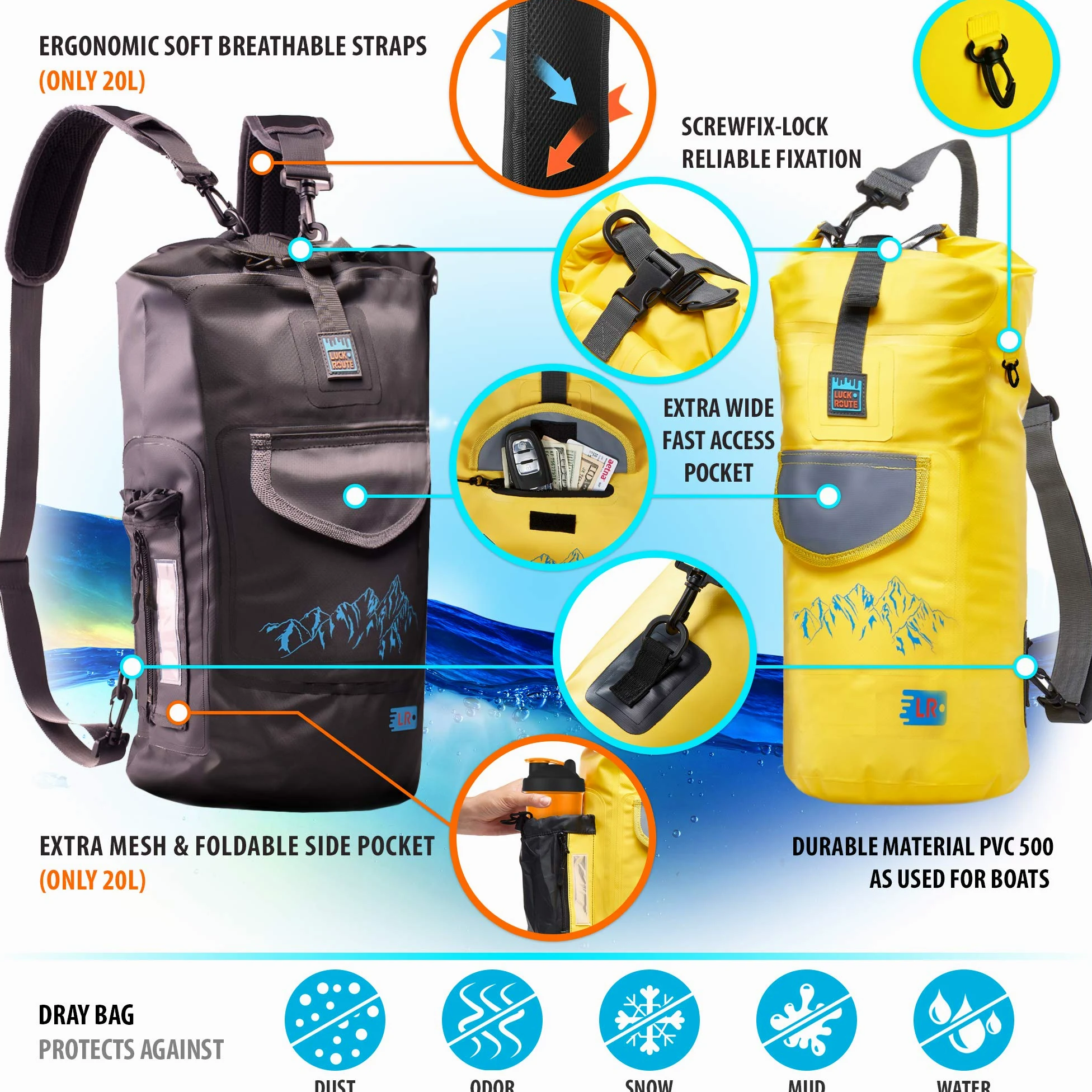 Bolsa impermeable para cámara – Mochila sumergible con doble bloqueo de fijación y almacenamiento inteligente – Bolsa seca para kayak, flotador, canoa y otras actividades acuáticas (negro, 20 l)