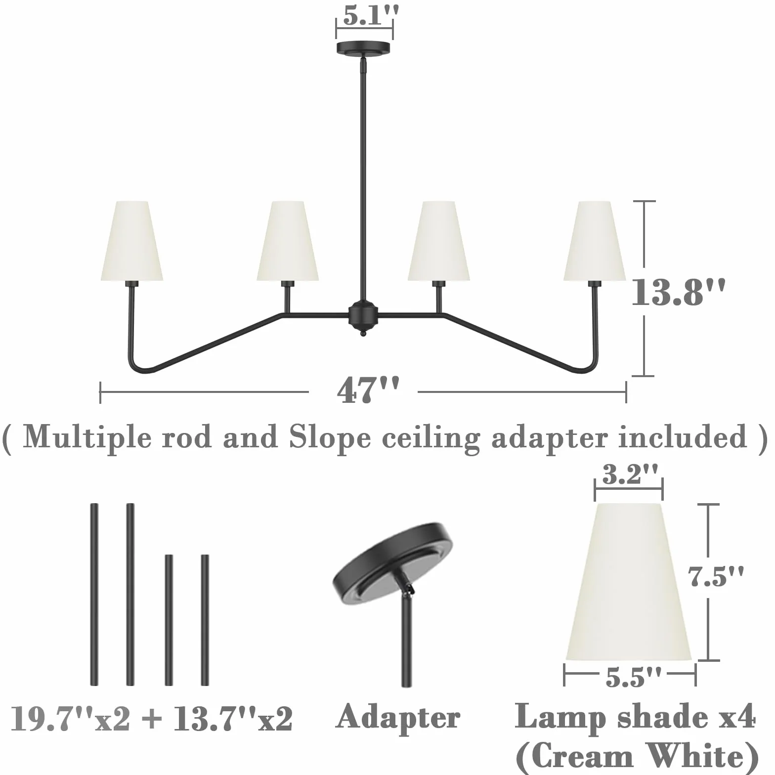 47" W 4-Light Linear Kitchen Island Lighting Fixture Classic Chandelier Matt Black White Linen Shades 160W