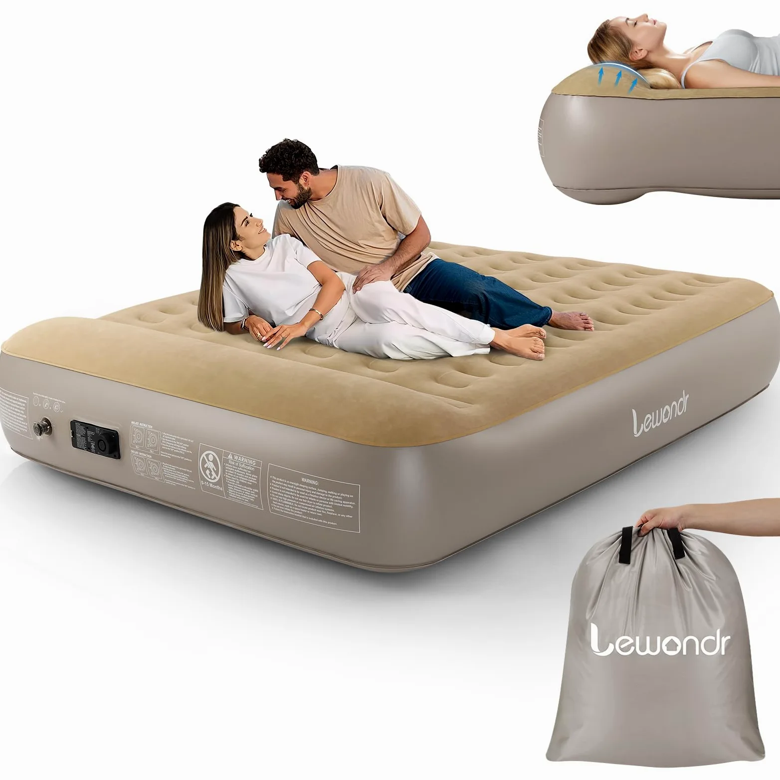 Colchón Hinchable Matrimonio con Bomba Integrada 203x152x33CM Almohada 250kg Khaki