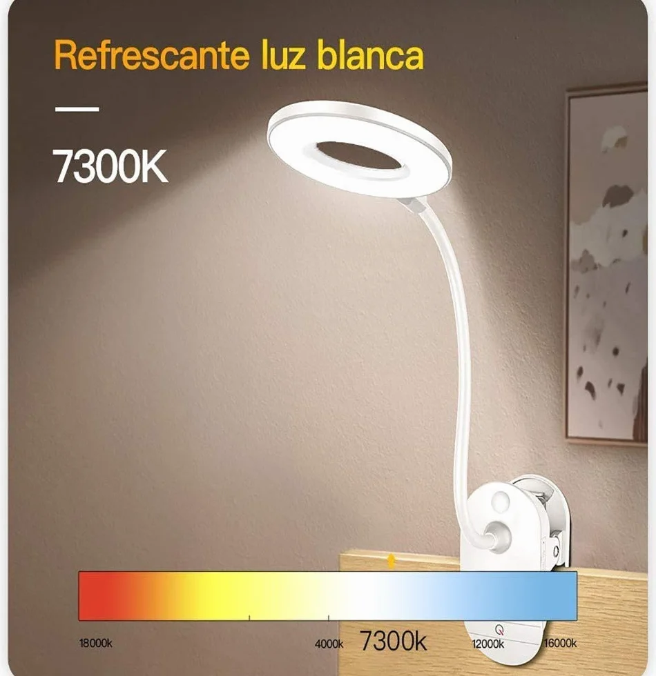 Lámpara de lectura con clip, recargable USB, 3 niveles de brillo
