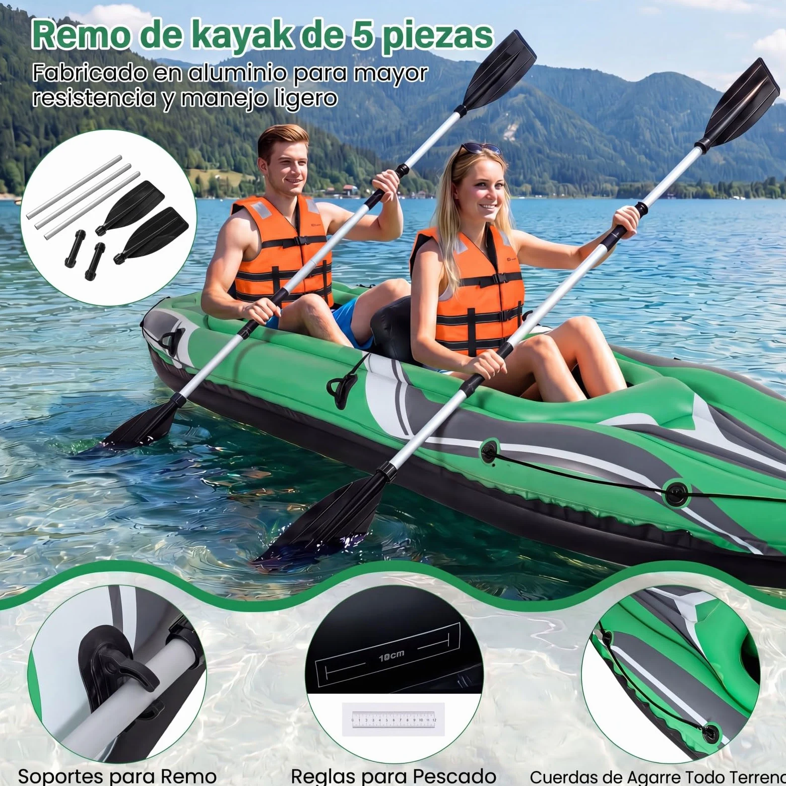 COSTWAY Kayak Hinchable 2 Plazas, Barca Hinchable con Remos de Aluminio, Asientos y Reposapiés Hinchables, Kayak Inflable para 2 Personas con Bomba Manual para Adultos, Carga 160 kg, 350 x 78 x 47 cm