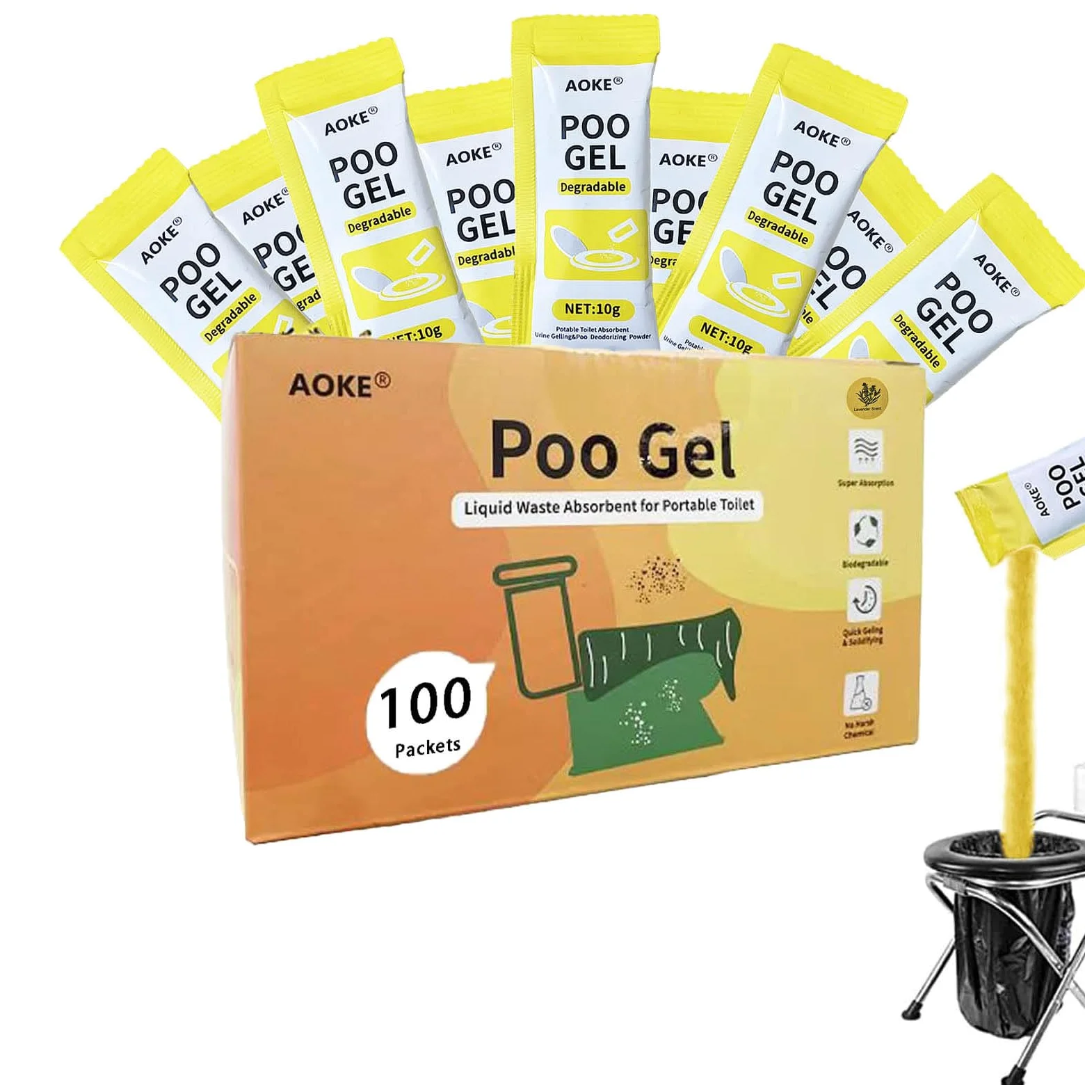 AOKE Polvo de inodoro portátil, paquete de 100 unidades de gel de caca con aroma a lavanda para camping, gel absorbente ecológico, polvo desodorizante y gelificante, tratamiento de residuos de inodoro