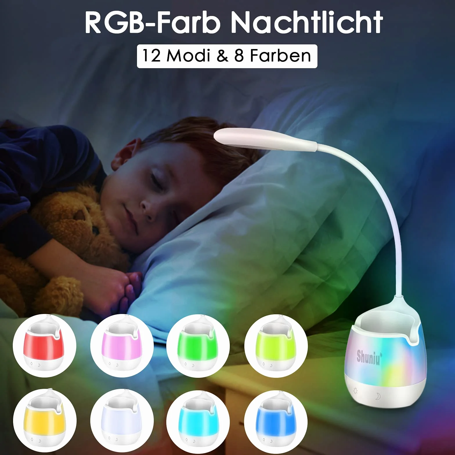 Lámpara de escritorio LED Shuniu 360° flexible 20 LED 3 niveles de brillo luz nocturna RGB con soporte para teléfono móvil