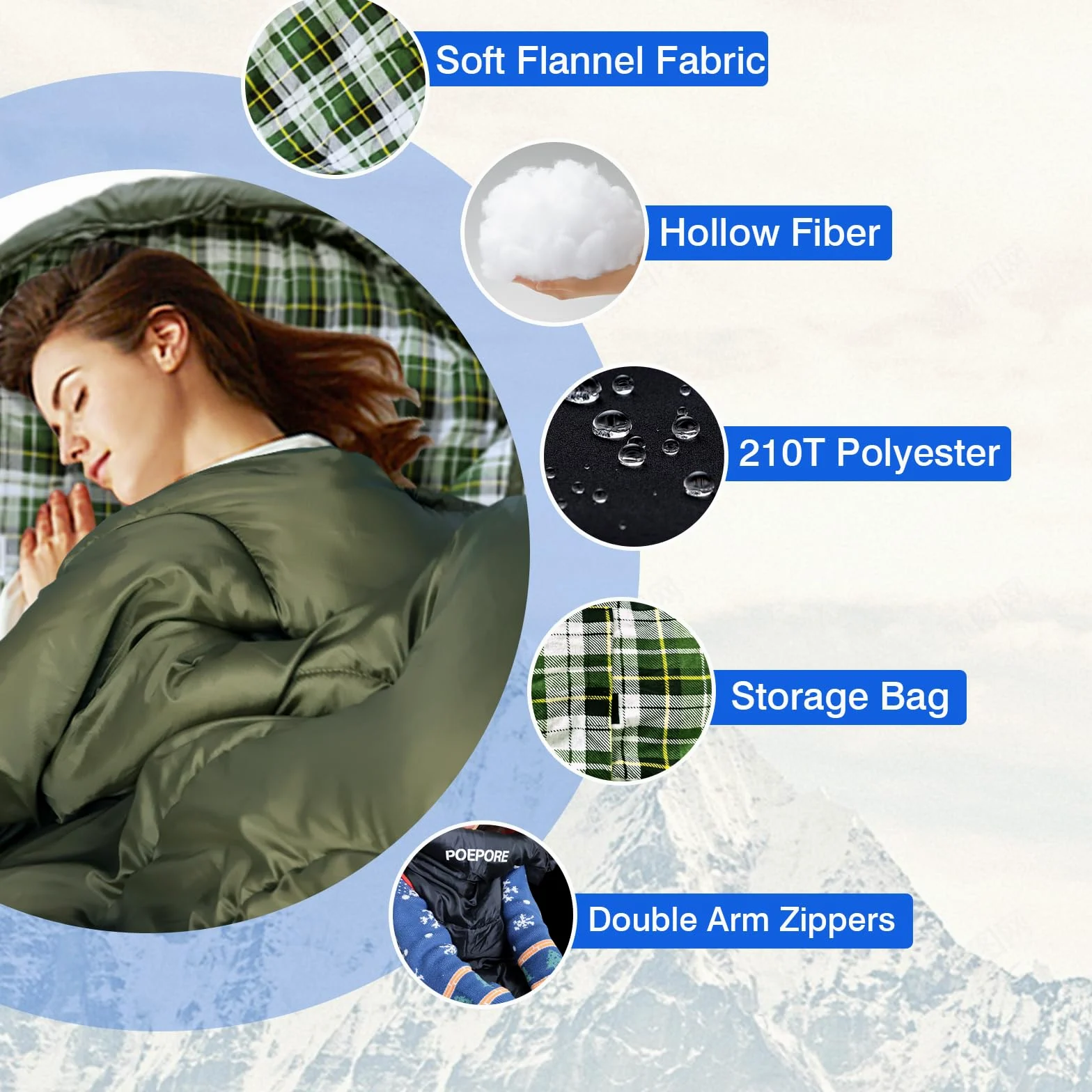 Saco de dormir de franela de algodón de 0 grados para clima frío para adultos, XXL, saco de dormir portátil para 4 estaciones, impermeable, con saco de compresión