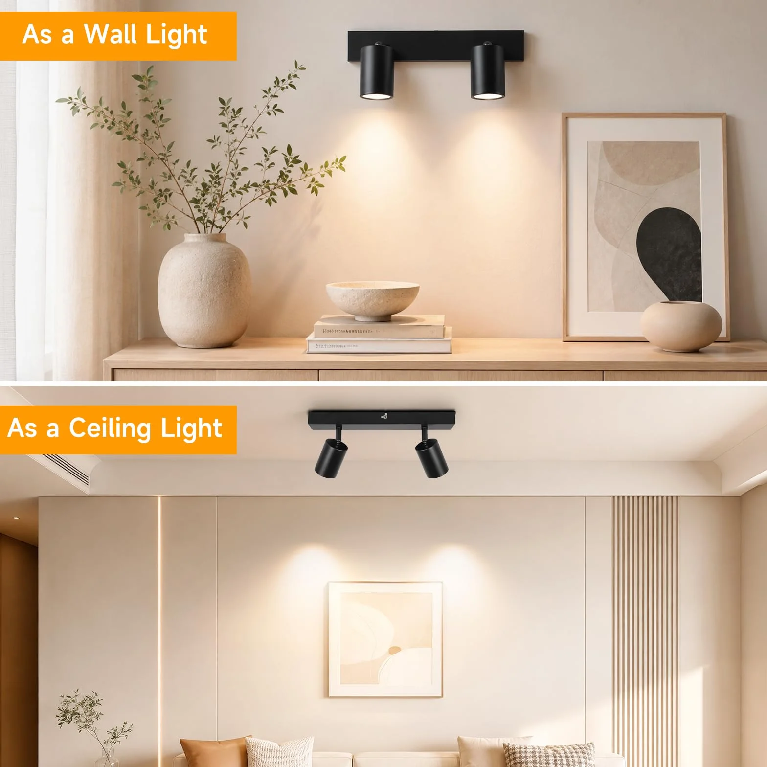Lámpara de Techo 2 Focos Giratorios GU10, Lámpara de Pared LED Negro Ajustable, Iluminación Interior Dormitorio Pasillo Cocina