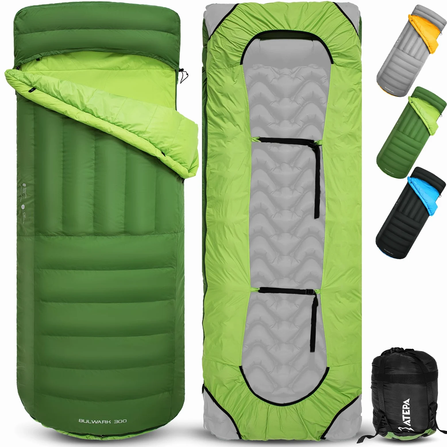ATEPA Saco de Dormir de plumón para mochilero, Ultraligero, 650 FP, -6.7 °C/-1.1 °C 4 Estaciones, Saco de Dormir de 2 Piezas, Material reciclable con Saco de compresión, como Manta, Verde