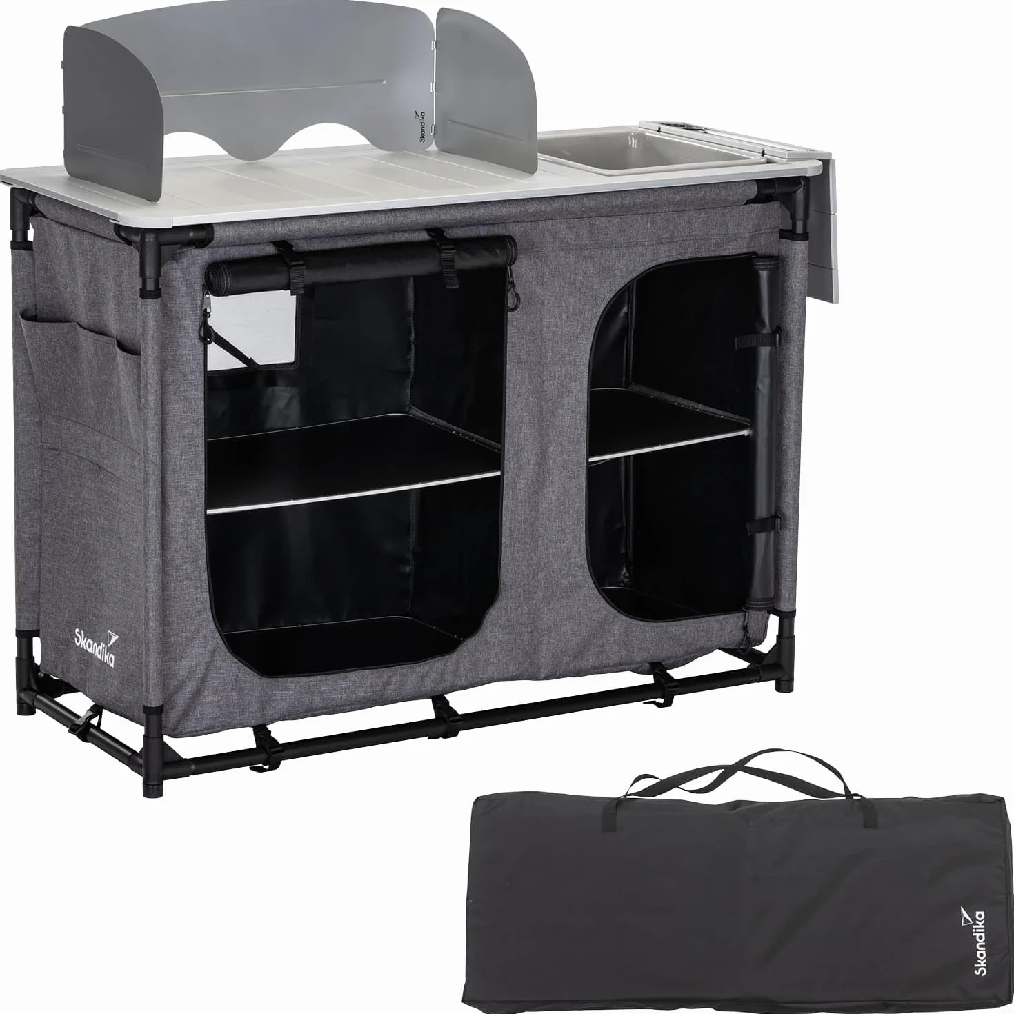 skandika Ruoka Cocina de Camping | Armario de Camping con Marco de Aluminio, Protector contra Viento y Salpicaduras Desmontable, Fregadero, Compartimentos de Almacenamiento, Bolsa de Transporte
