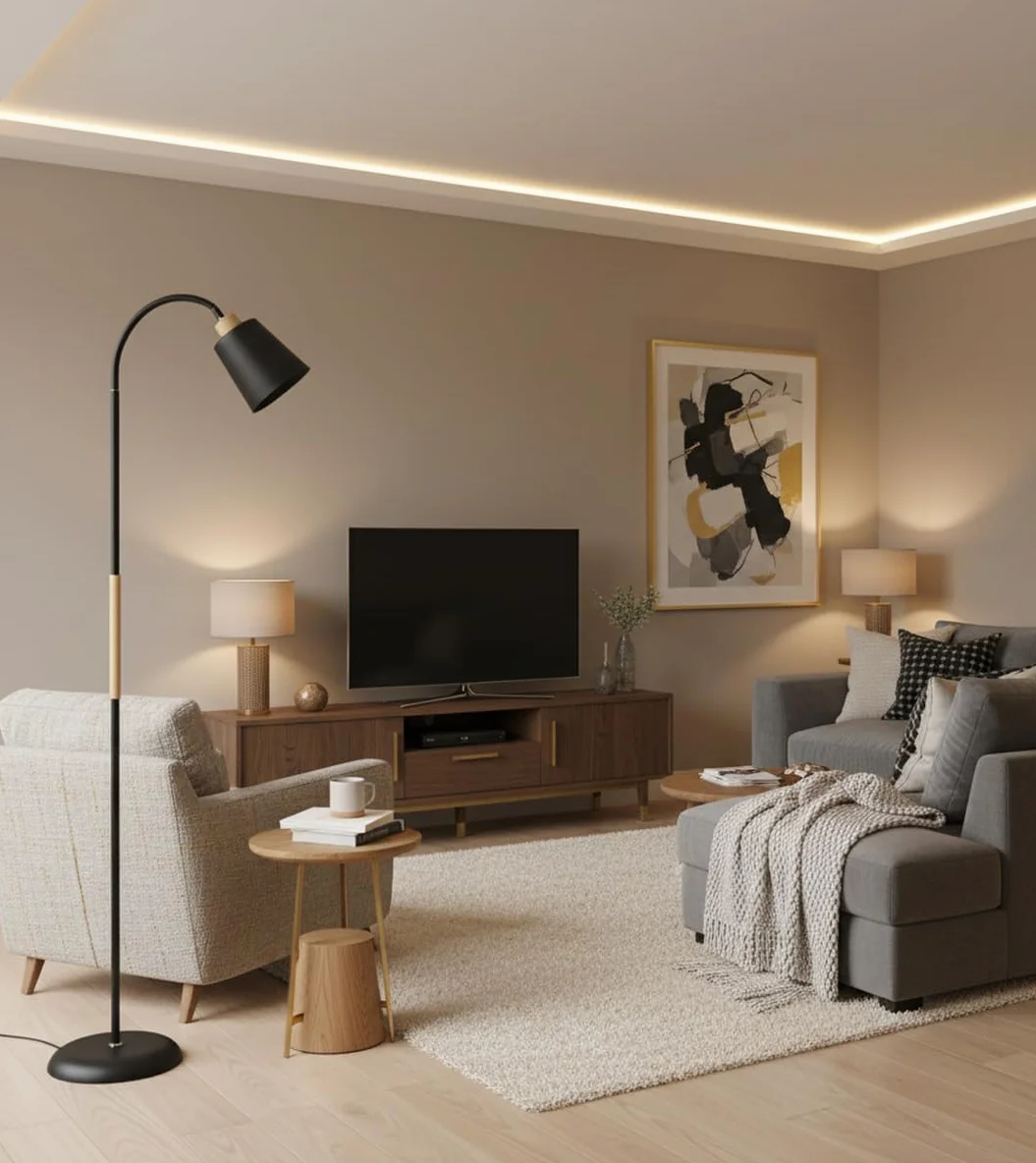 Lámpara de Pie SWEDEN Metal Madera 150cm Acabado Mate Brazo Orientable E27 Iluminación Escandinava Negro