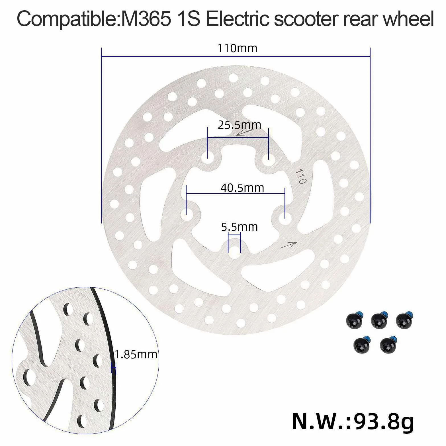 Rueda Trasera de Repuesto for Patinete eléctrico 8.5x2, neumático Macizo con buje y Disco de Freno, llanta de Panal Compatible con M365 1S Pro PRO2