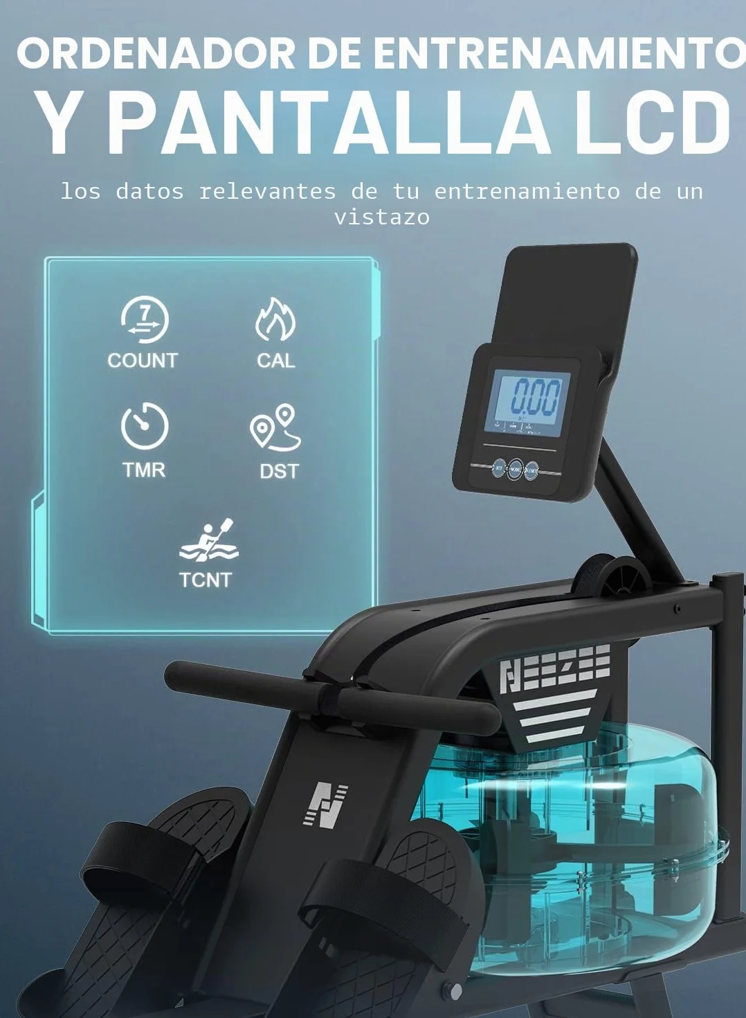 Neezee Máquina de Remo, máquina de Remo para Gimnasio en casa con riel de Aluminio, máquina de Remo de Agua con Soporte para Tableta, Resistencia al Agua y Pantalla LCD