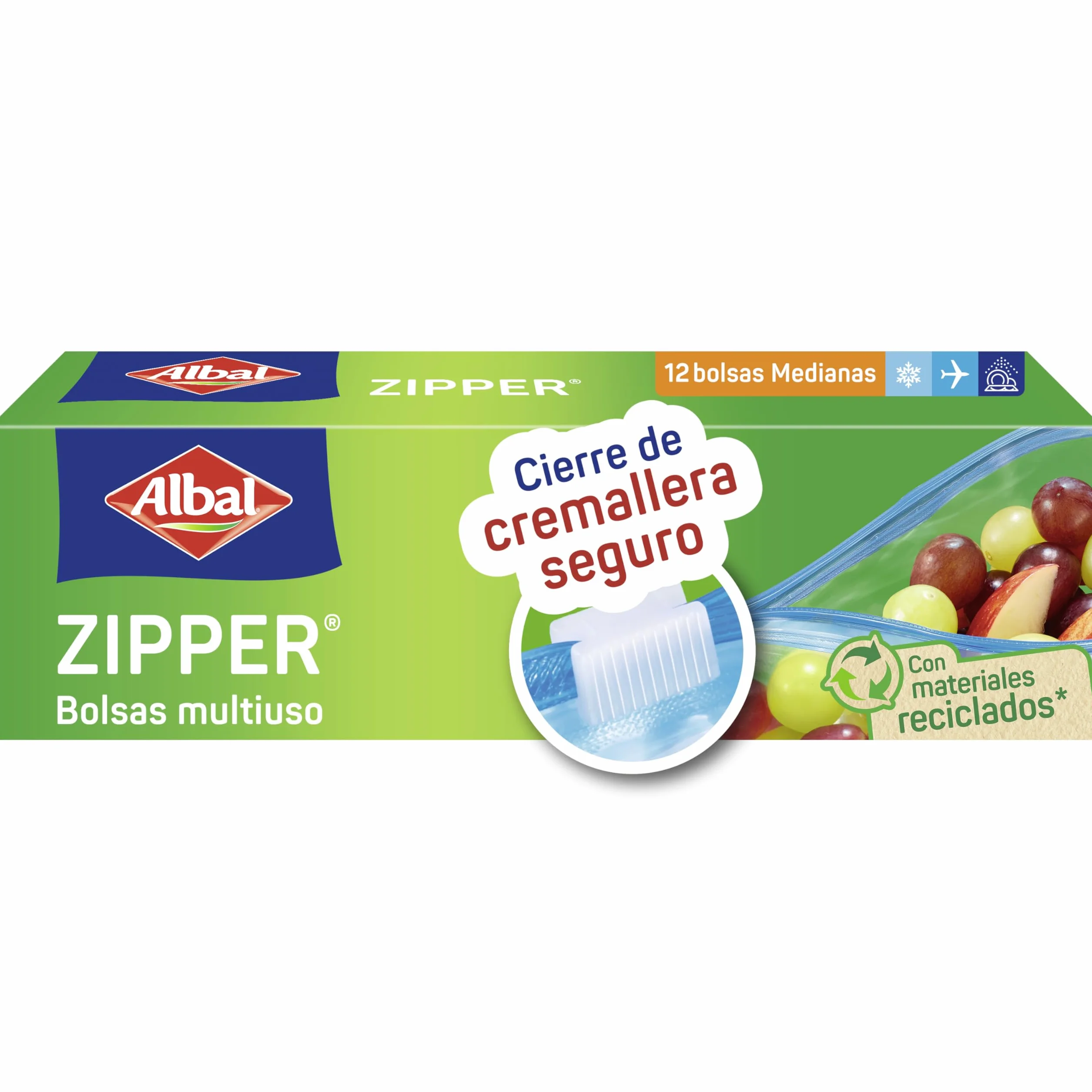 Albal Bolsas Multiuso Zipper 1 Litro, 70% Reciclados, Resistentes, Reutilizables, 12 Bolsas