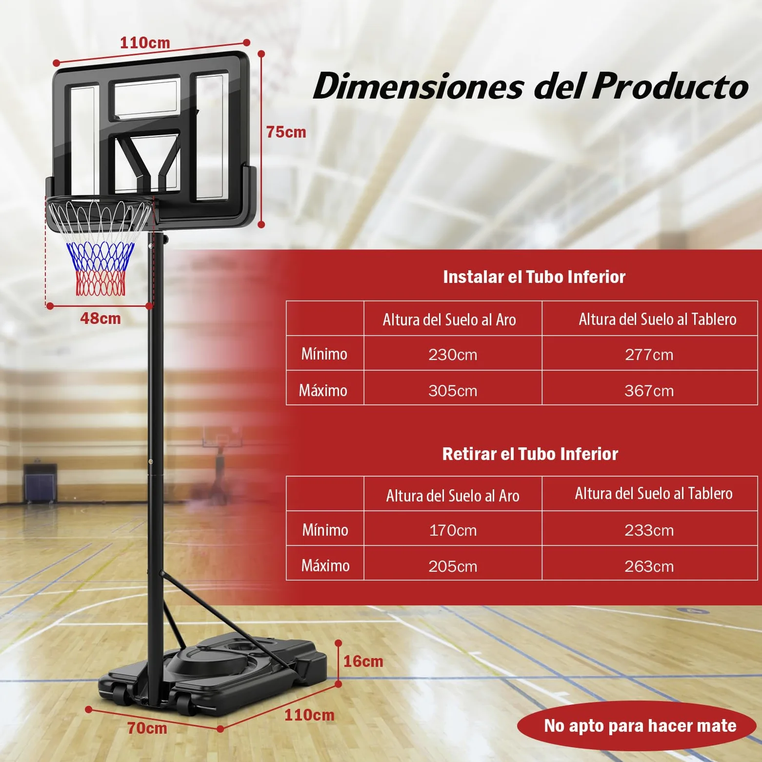 COSTWAY Canasta de Baloncesto Adultos, Altura Ajustable de 9 Niveles, 230-305cm, Aro Baloncesto Exterior con Ruedas, Canasta de Baloncesto Interior Exterior
