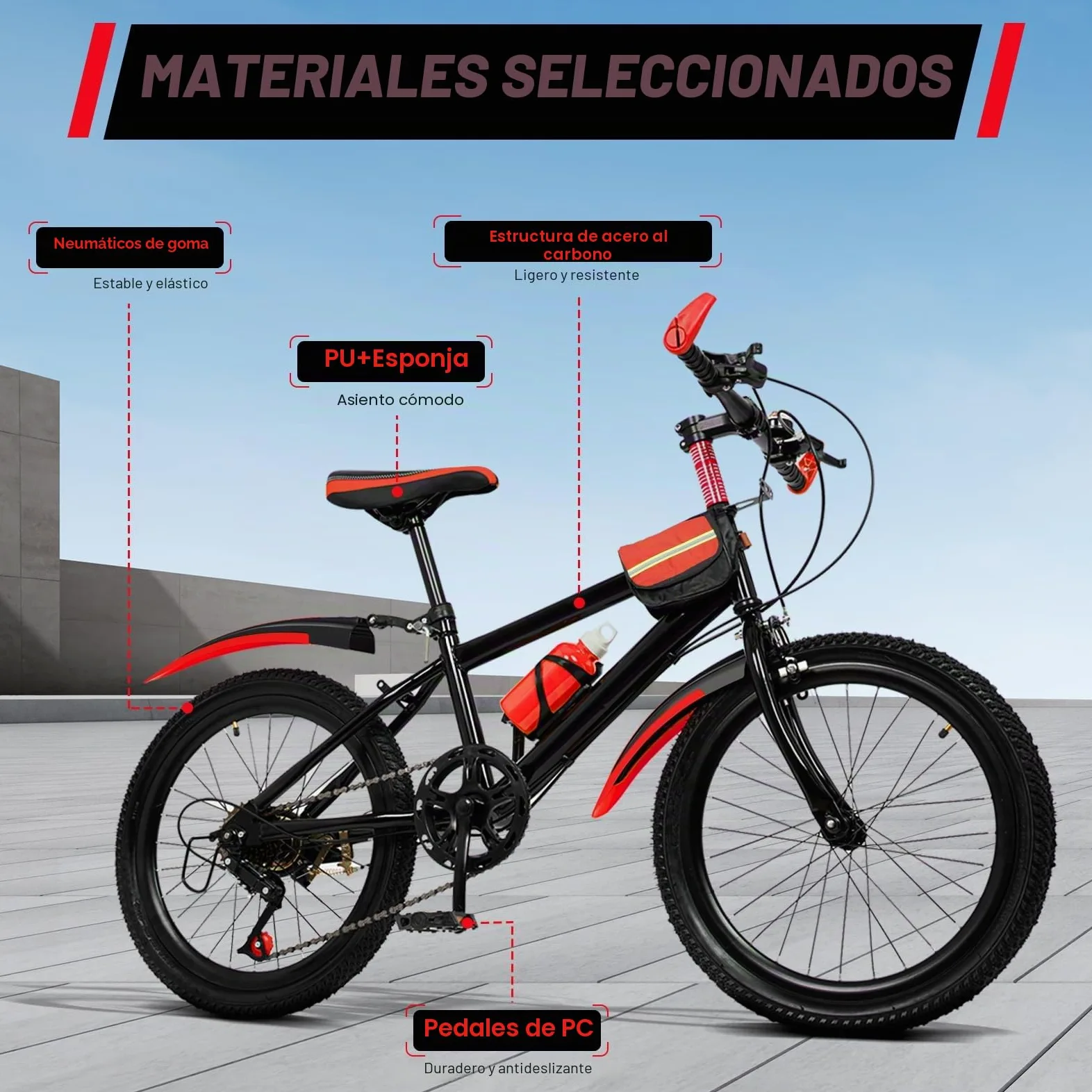 Bicicleta de montaña para adultos de 20 pulgadas, freno delantero y trasero, acero al carbono, altura regulable con transmisión roja