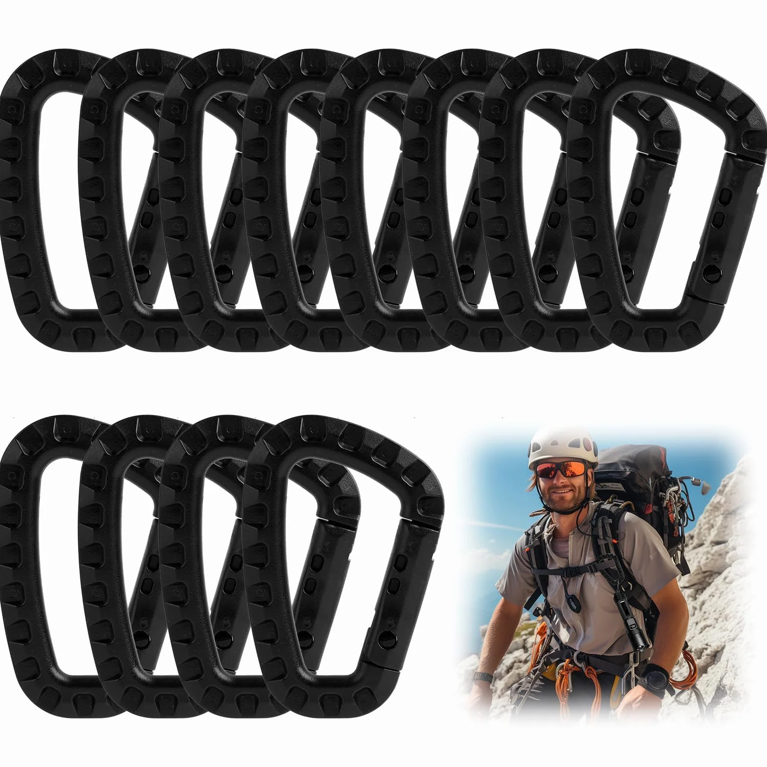 12 Piezas mosqueton Grande tactico Escalada, Carabiners, D Shape Carabiner Negro de plástico tamaño (8,3 cm x 5,5 cm), para Actividades al Aire Libre como Camping, Senderismo y Viajes