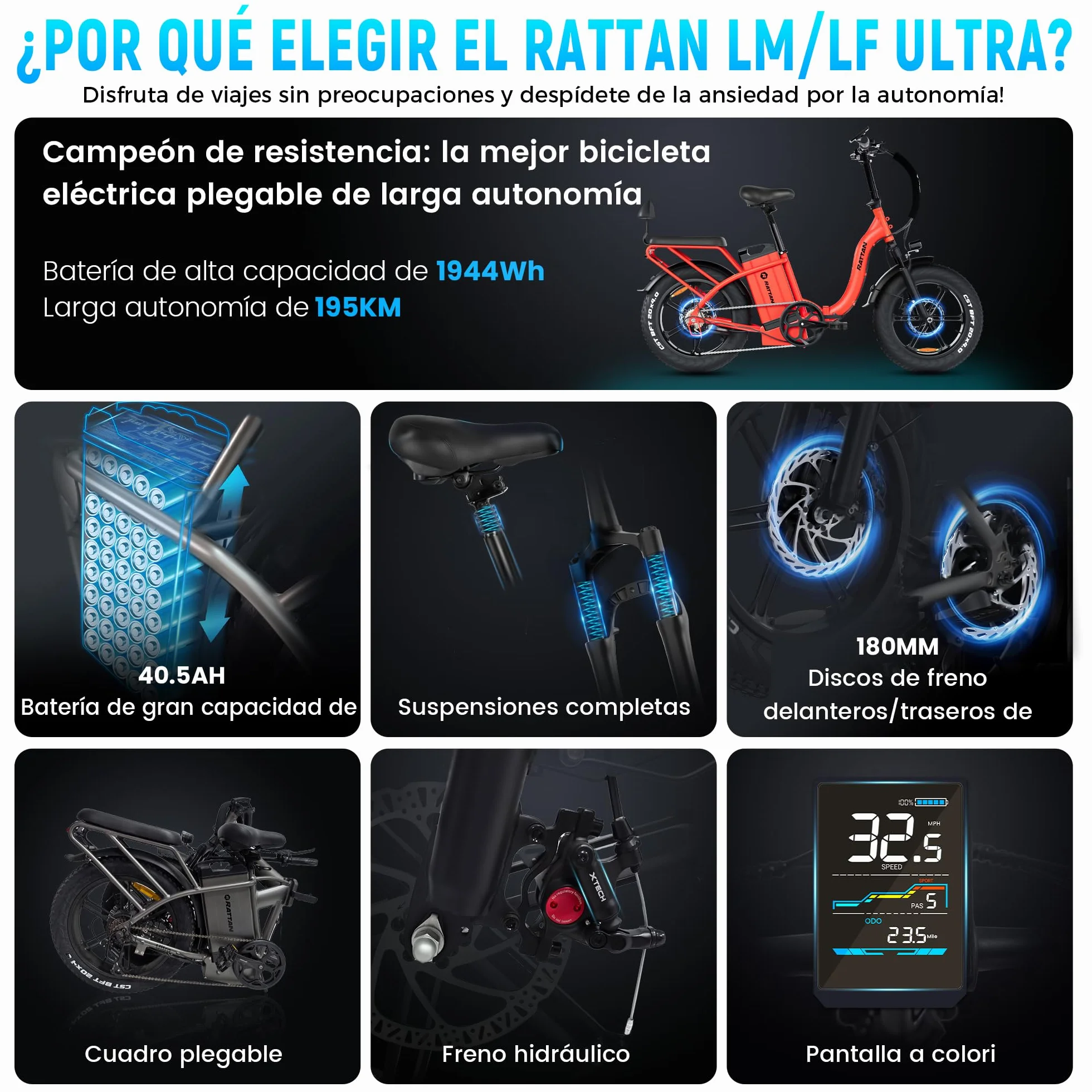 Rattan LM/LF Ultra Bicicleta Eléctrica Plegable, Batería 48V 40.5Ah 1944Wh, Autonomía 195km, 2 Plazas, Frenos Hidráulicos, Neumáticos Fat 20" x4,0