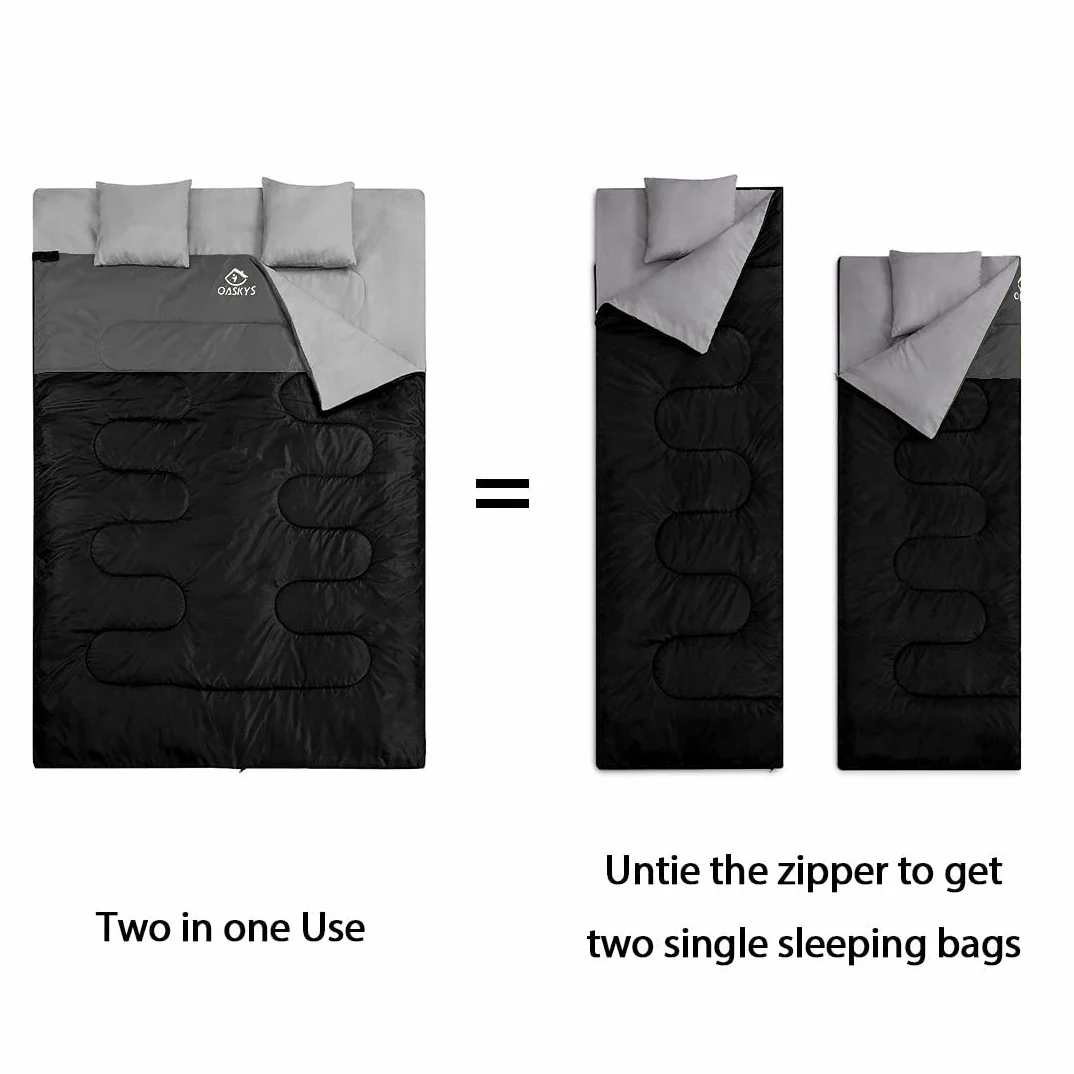 oaskys Saco de Dormir Doble para Adultos con 2 Almohadas, tamaño Queen XL, Impermeable, para Todas Las Estaciones, Camping, Senderismo, mochileros, Sacos de Dormir para 2 Personas, para Clima frío y