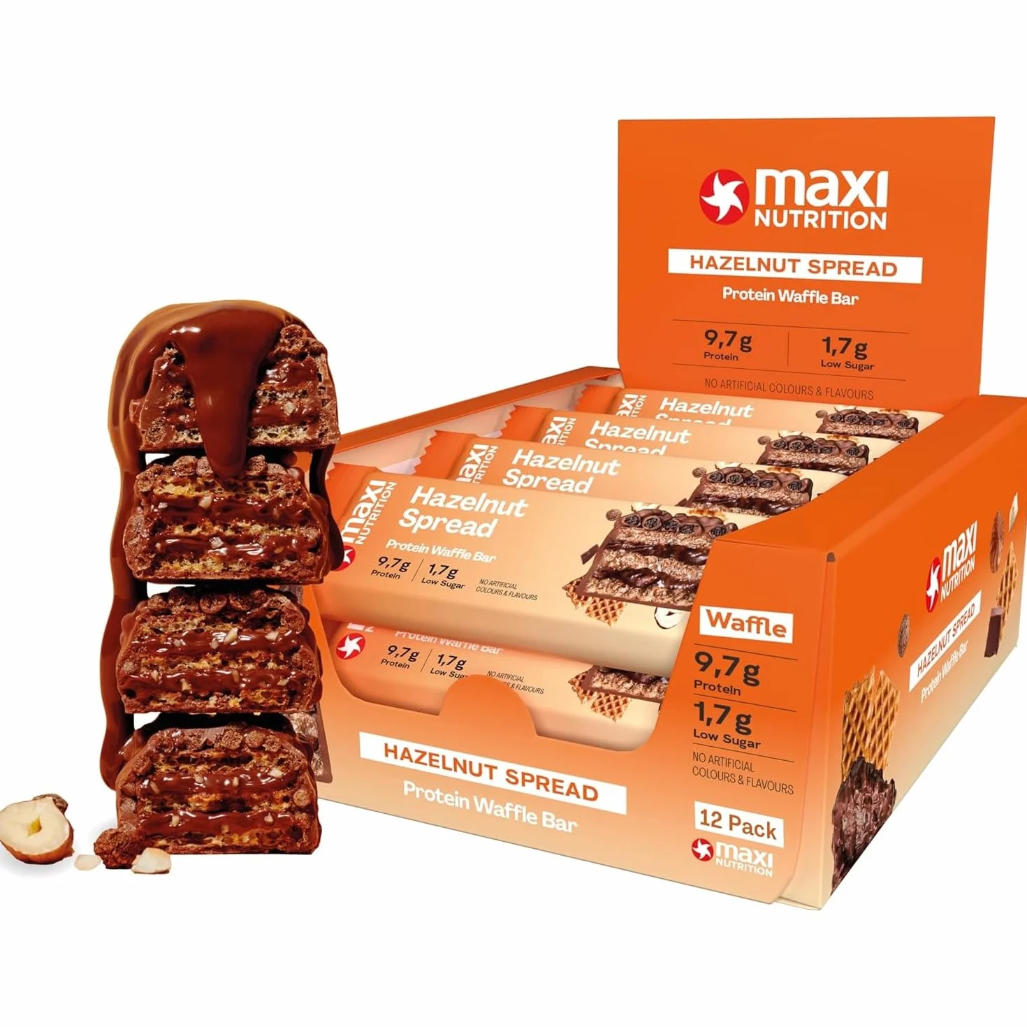 MaxiNutrition Hazelnut Spread Gofre de proteínas 25% proteínas 202 kcal 12 barras 39 g sin azúcar añadido