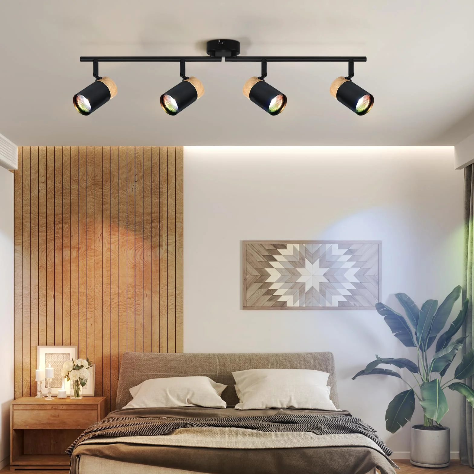 Plafón de madera negro LED orientable 330° 4 brazos GU10 para salón cocina habitación infantil