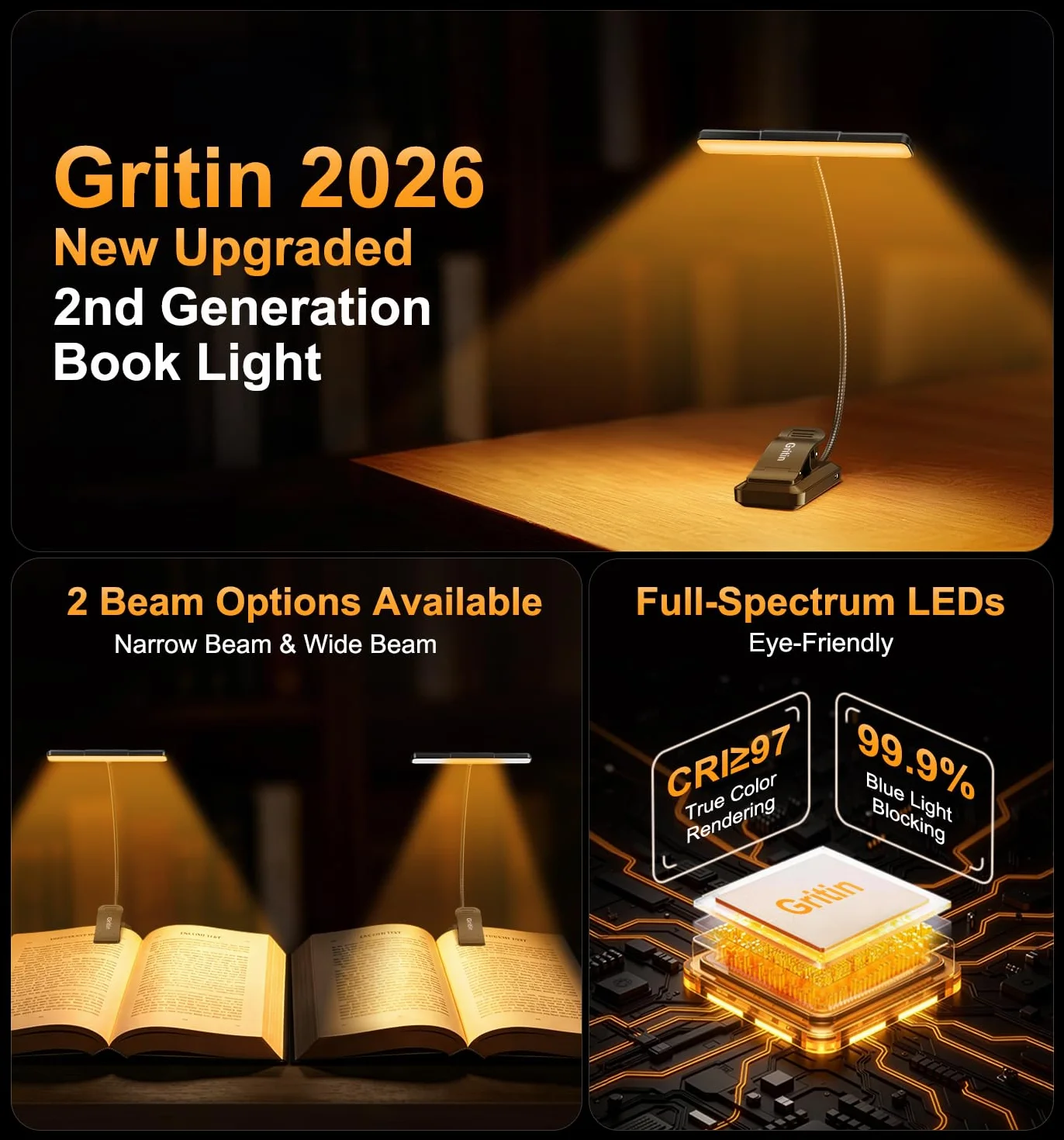 Gritin 2026 Gen 2 Luz Lectura Recargable 32 LED Espectro Completo Protección Ocular 5 Colores 5 Niveles Brillo Ajustable Haz Ancho Estrecho Batería Larga Duración