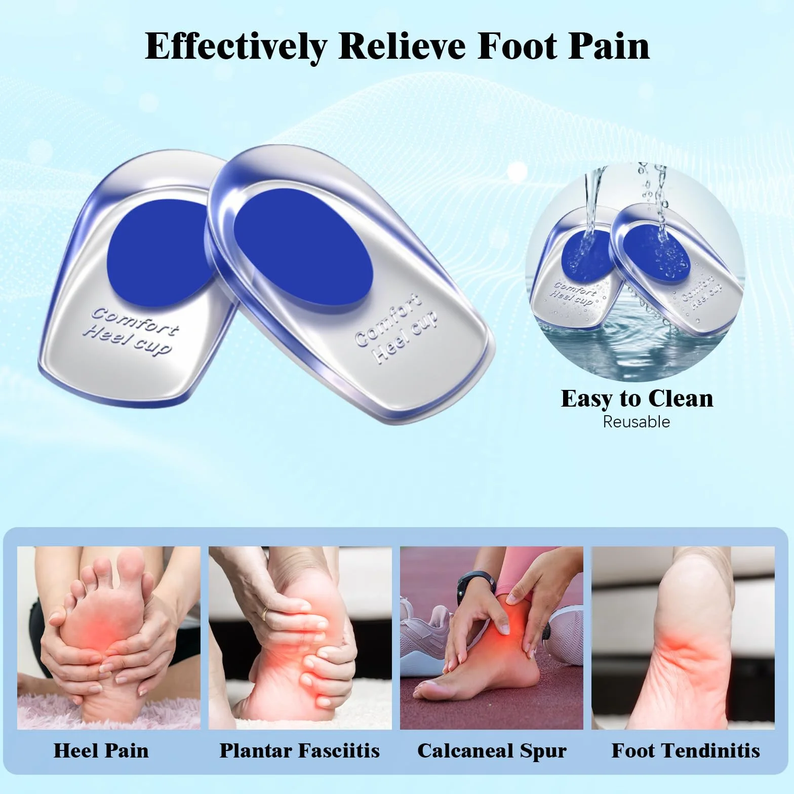 Taloneras Silicona Gel para Talones Fascitis Plantar 4 Pares Azul