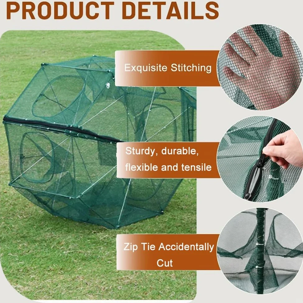 Red de trampa plegable para peces, red de camarones y cangrejos estilo paraguas, red de pesca de apertura automática con múltiples agujeros de entrada, trampa de malla duradera para camarones