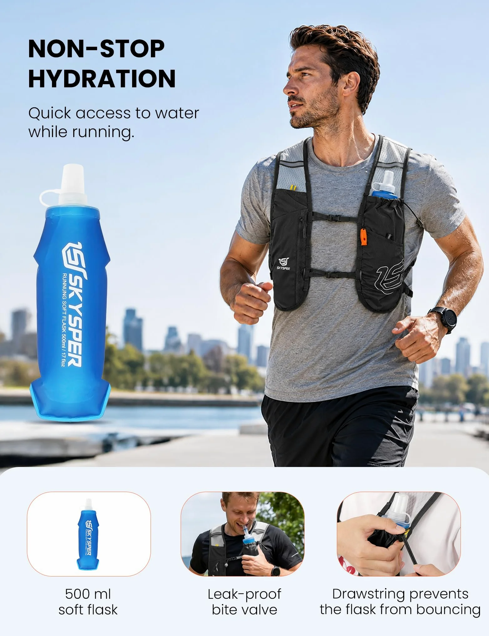 SKYSPER Chaleco de Hidratación Running 5L | Chaleco Ligero con Botella 500ML y Diseño Reflectante para Trail Maratón y Senderismo