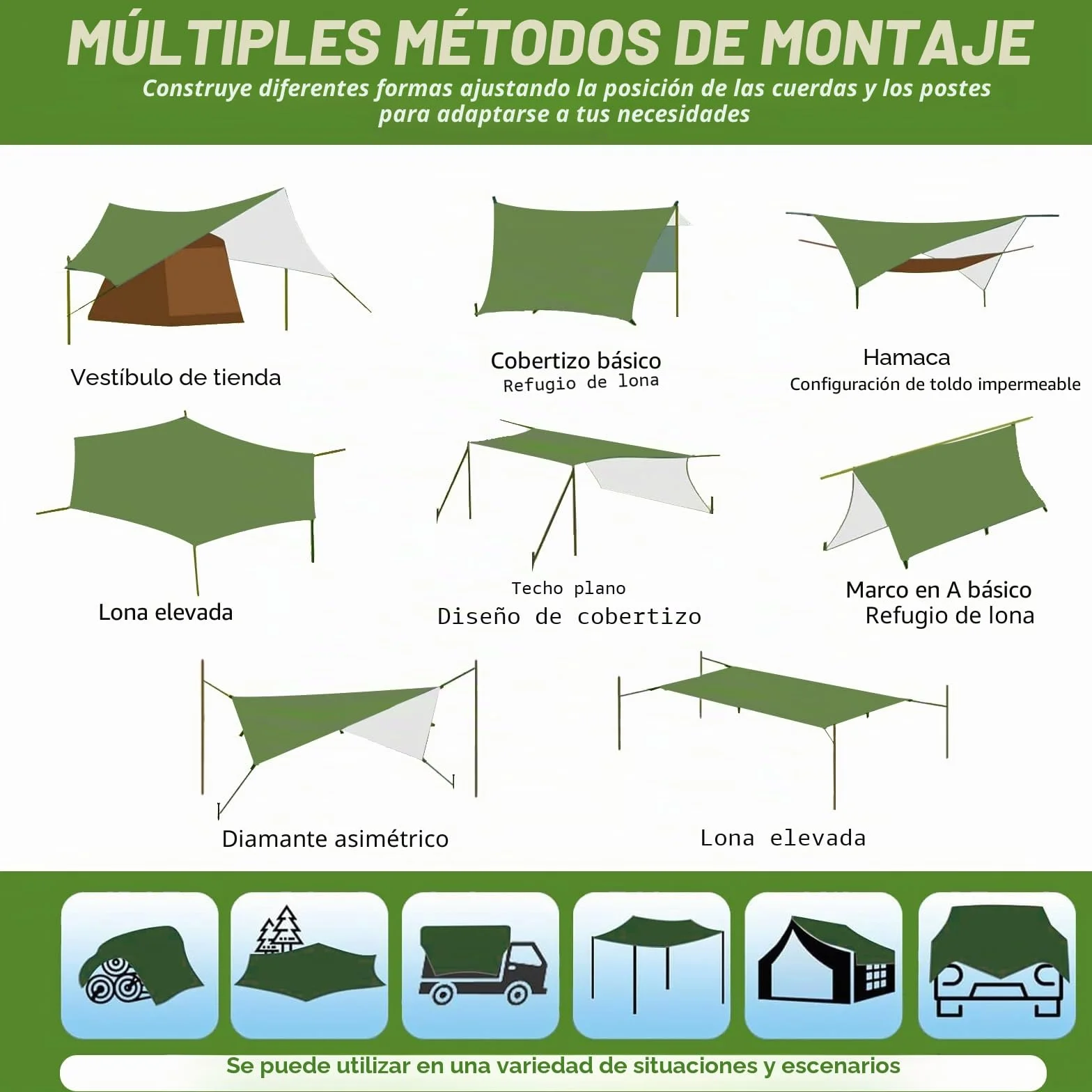 Toldo de Refugio Impermeable 3X3M,Ultraligero y Portátil Toldo Camping, Tienda de Campaña Hamaca Protección UV Anti Desgarro, Ideal para Acampar Senderismo Picnic al Aire Libre, Verde