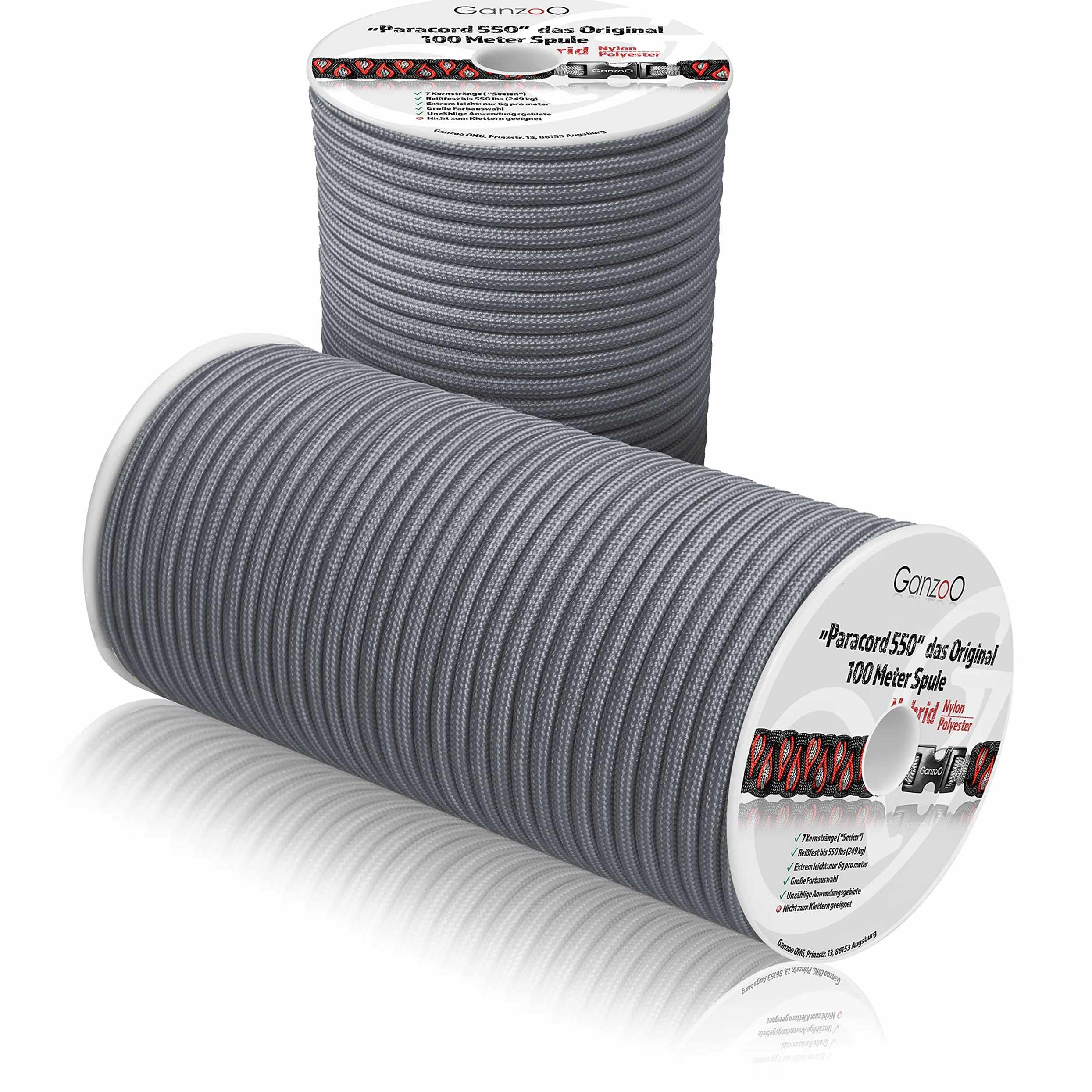 Ganzoo Paracord 550 4 mm Tipo 3, Cuerda Trenzada híbrida de Nylon poliéster Color Gris Acero, Rollo 100 m, 32 hebras Exteriores y 7 Interiores, para Pulseras, Bricolaje y Accesorios Outdoor